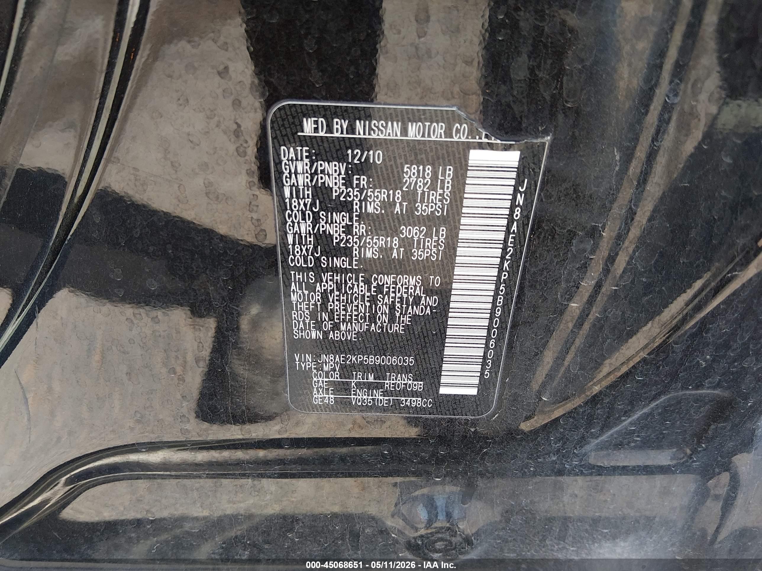 2011 Nissan Quest Sl Black vin: JN8AE2KP5B9006035