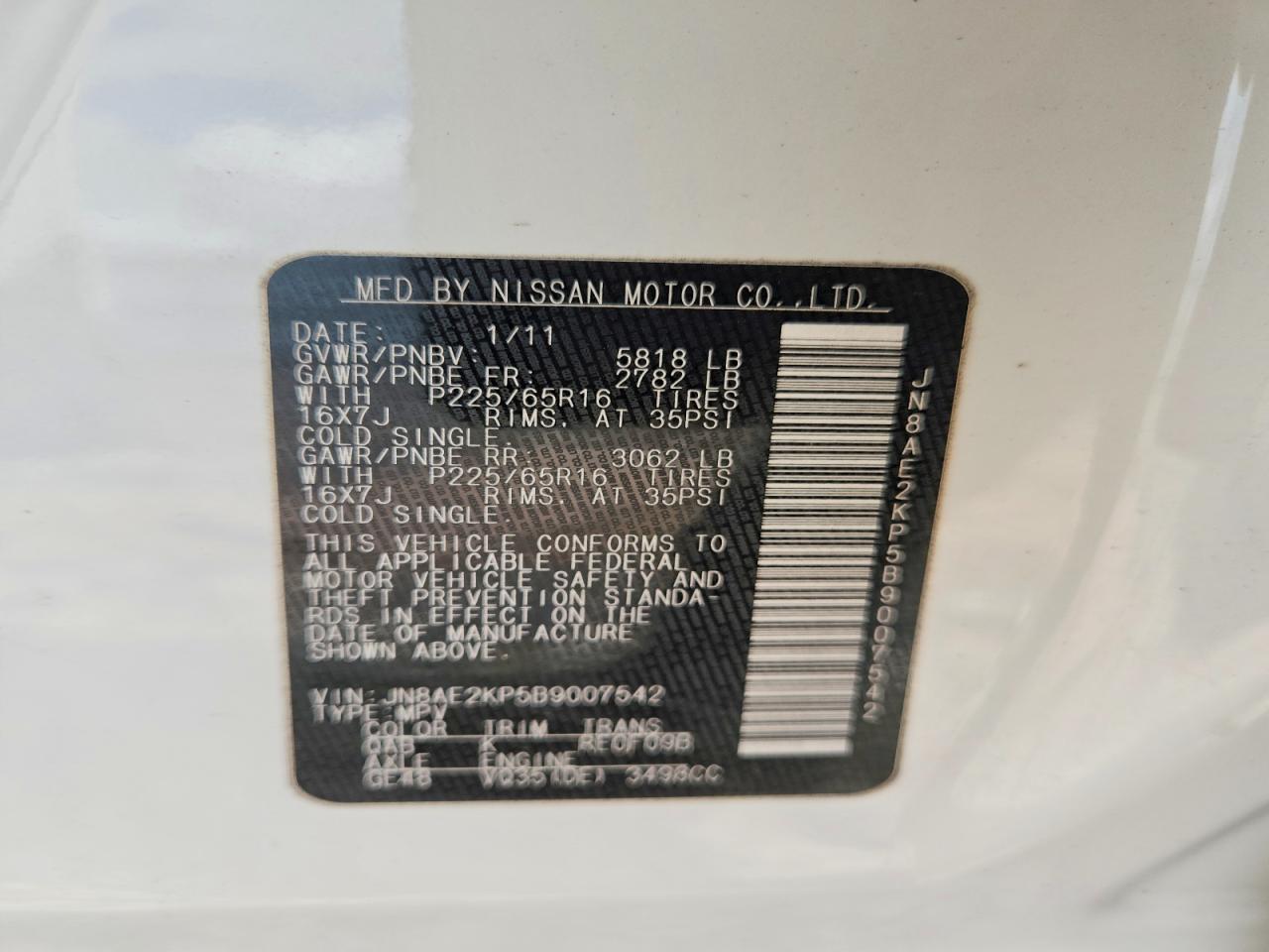 2011 Nissan Quest 3.5 S White vin: JN8AE2KP5B9007542