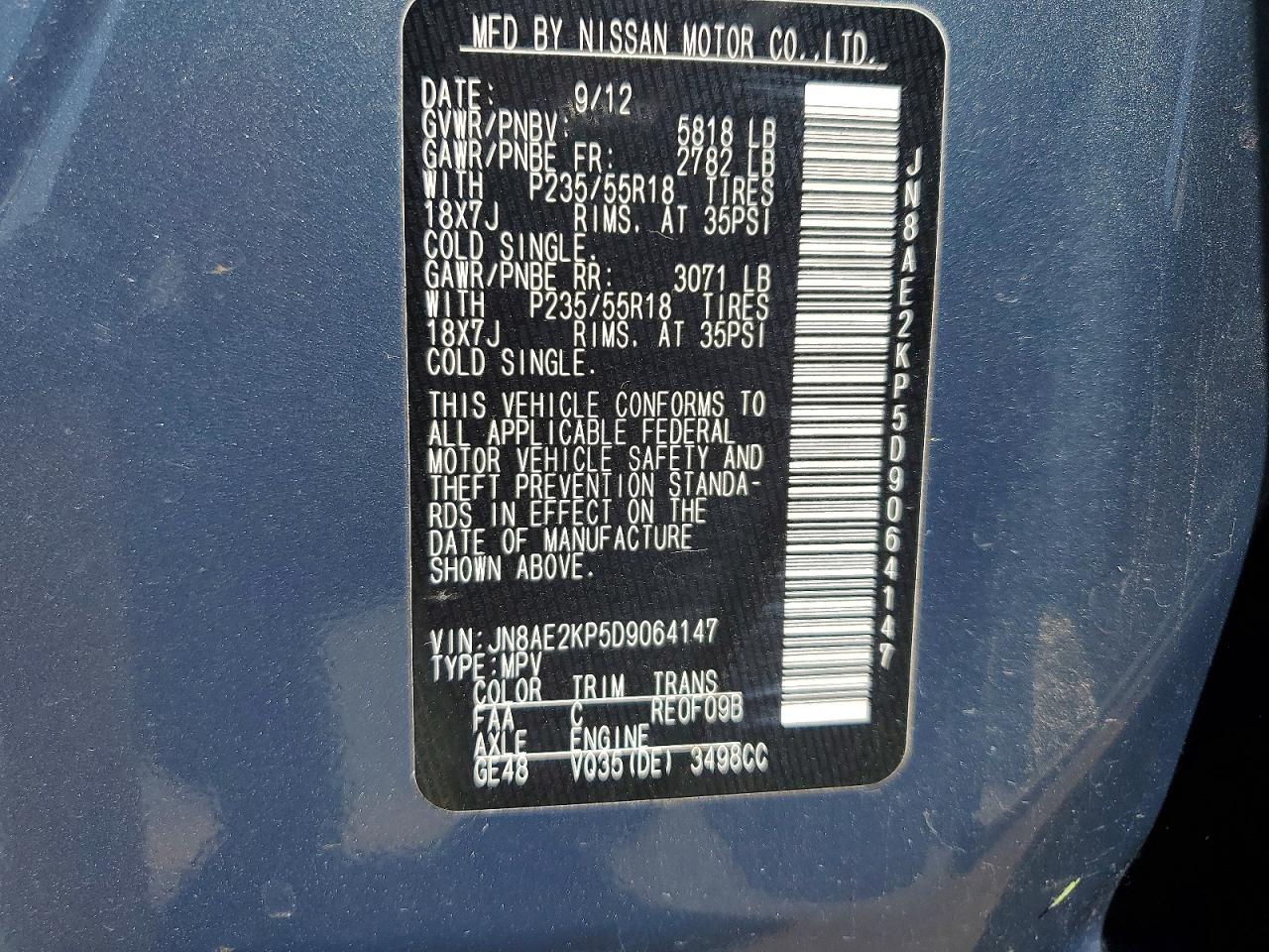 2013 Nissan Quest 3.5 S Blue vin: JN8AE2KP5D9064147