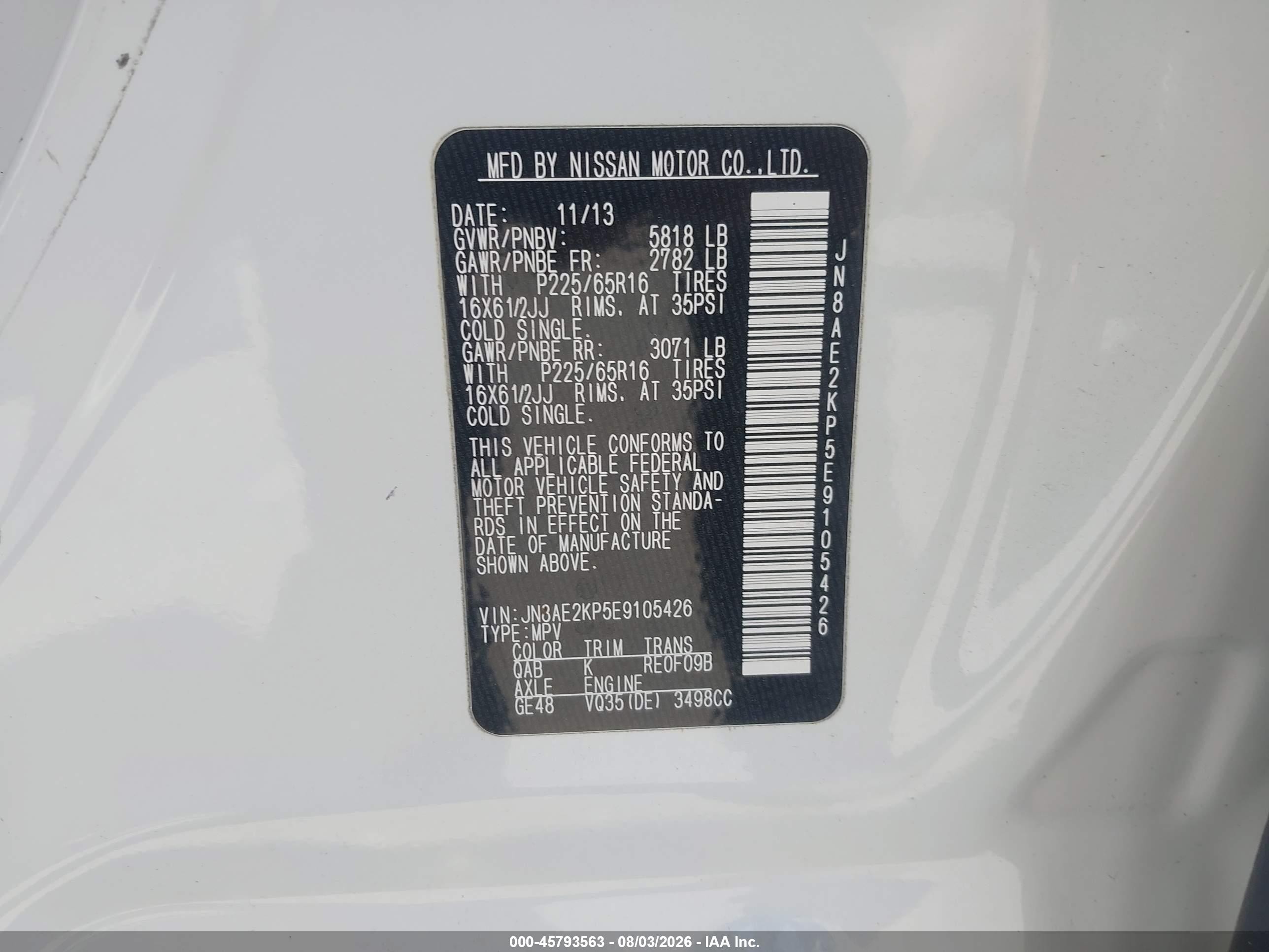 2014 Nissan Quest S White vin: JN8AE2KP5E9105426