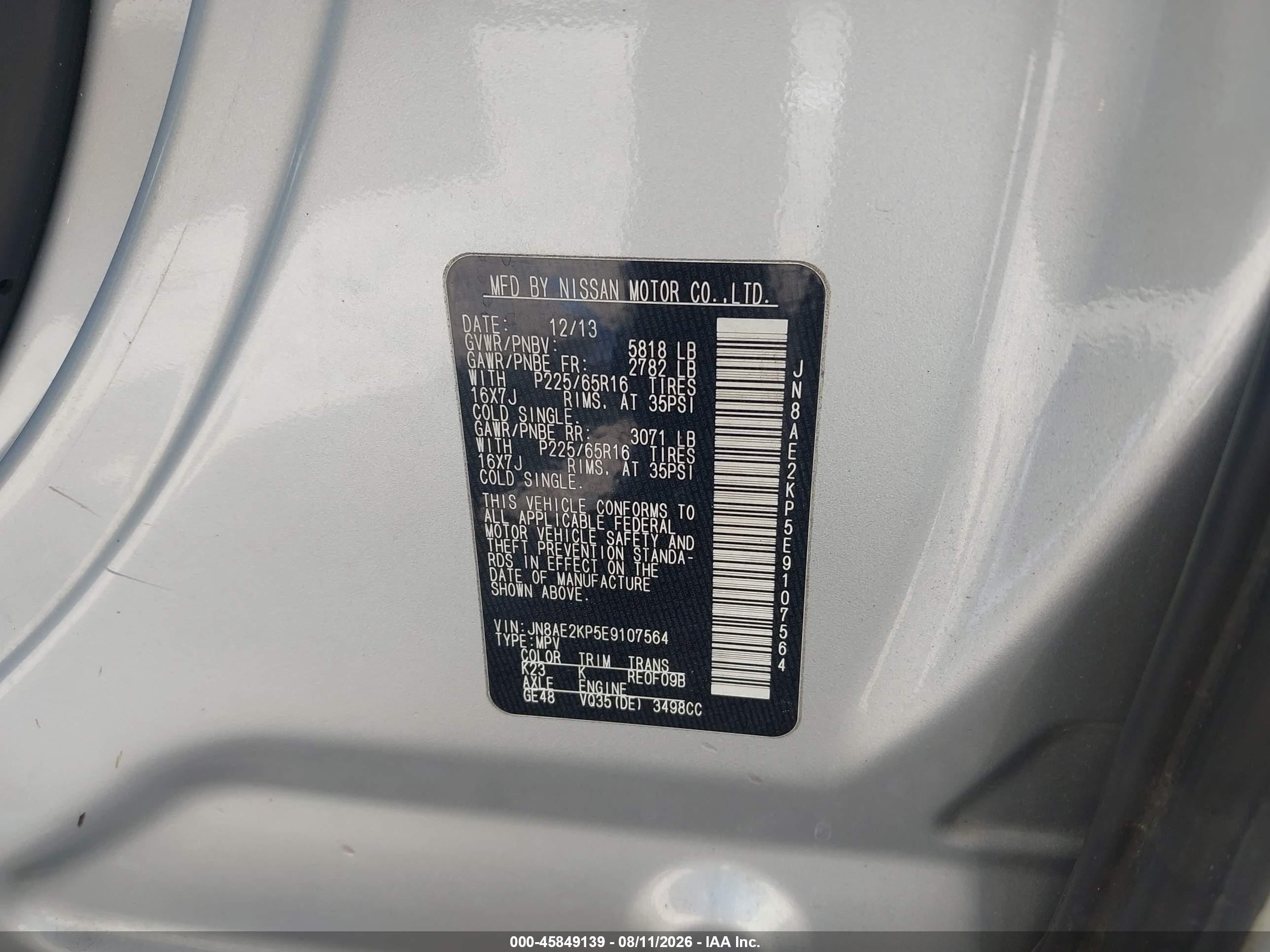 2014 Nissan Quest Sv Silver vin: JN8AE2KP5E9107564