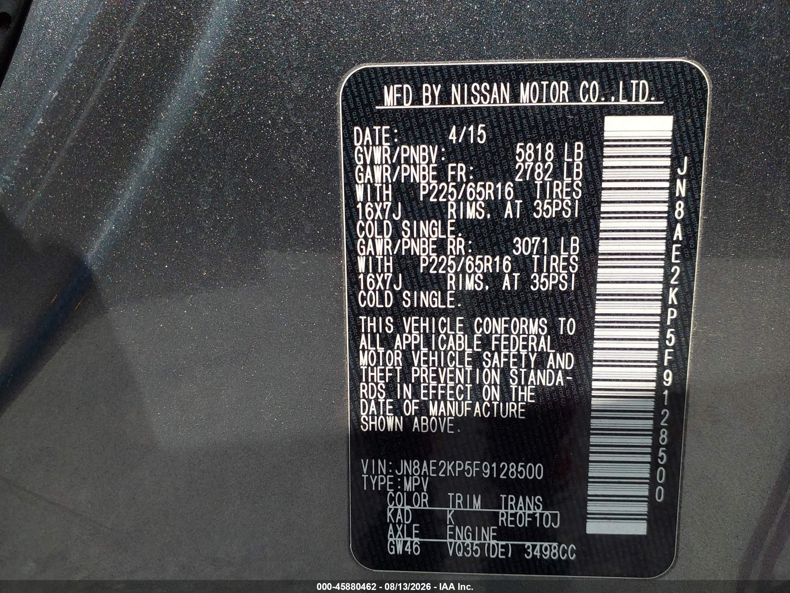 2015 Nissan Quest Platinum/s/sl/sv Gray vin: JN8AE2KP5F9128500