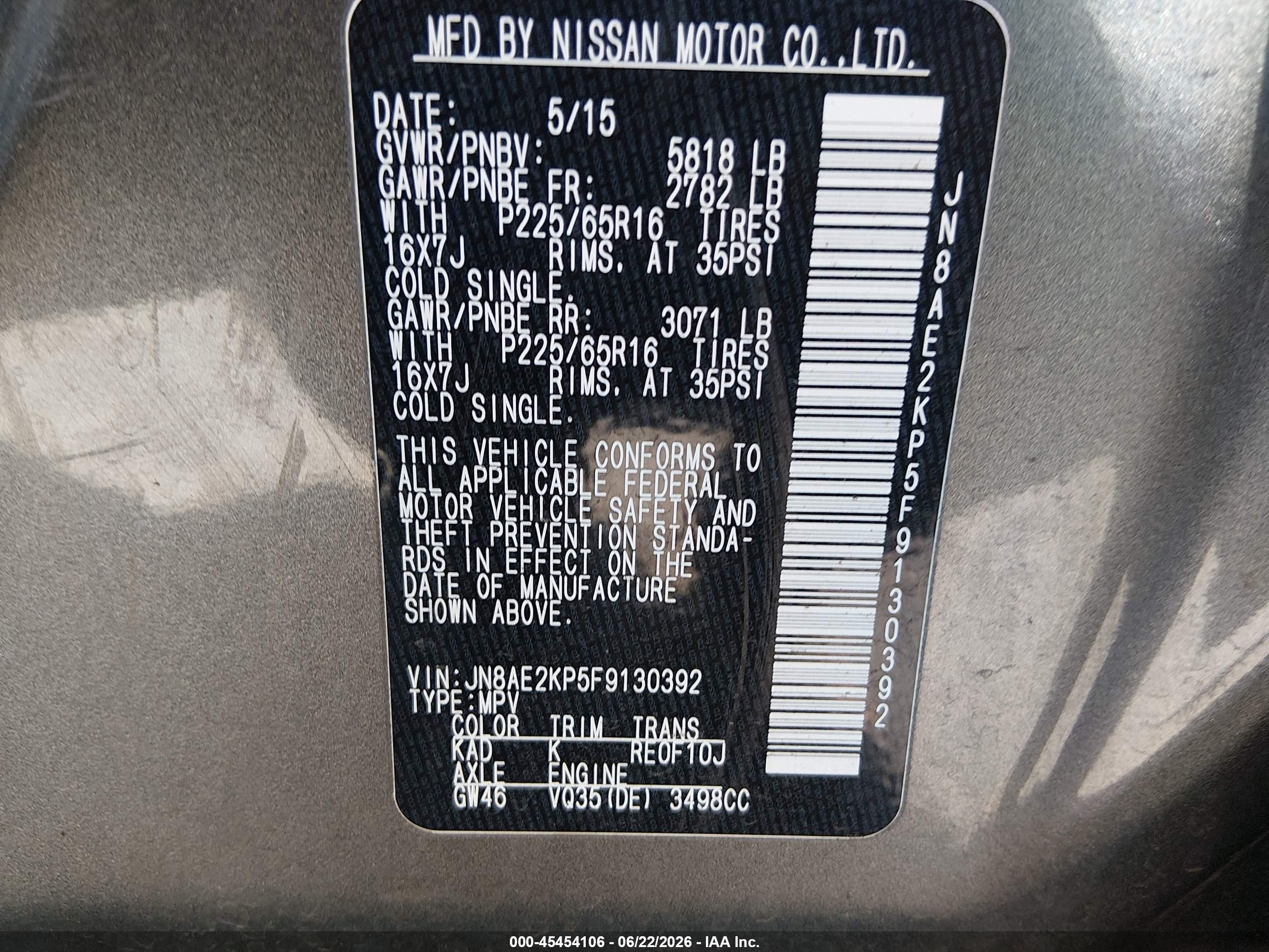 2015 Nissan Quest Platinum/s/sl/sv Gray vin: JN8AE2KP5F9130392