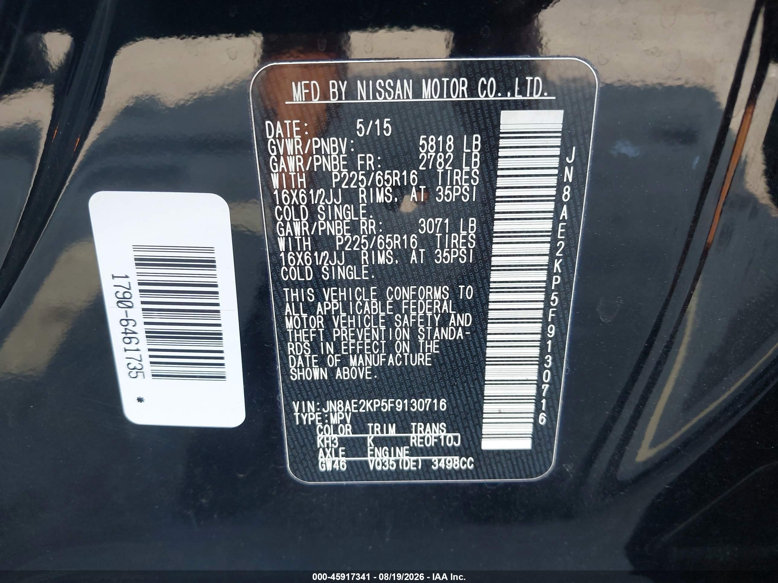 2015 Nissan Quest Platinum/s/sl/sv Black vin: JN8AE2KP5F9130716
