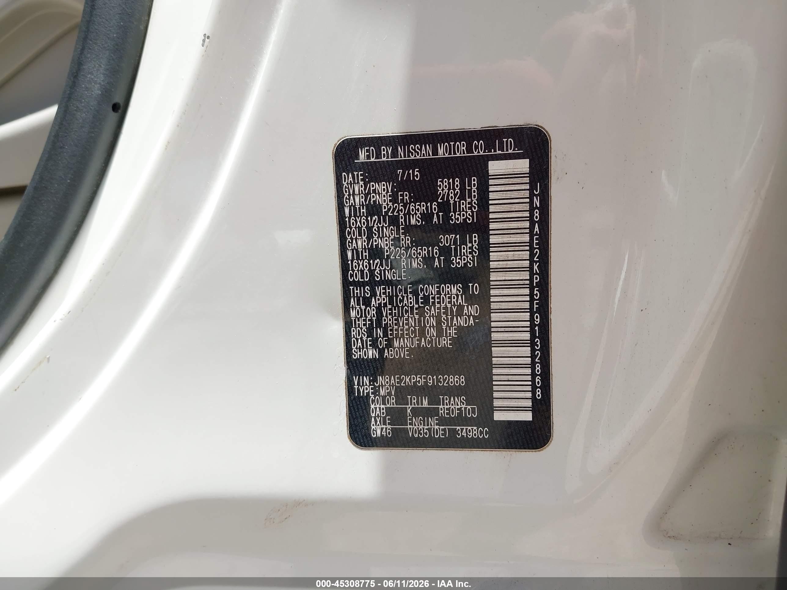 2015 Nissan Quest S White vin: JN8AE2KP5F9132868