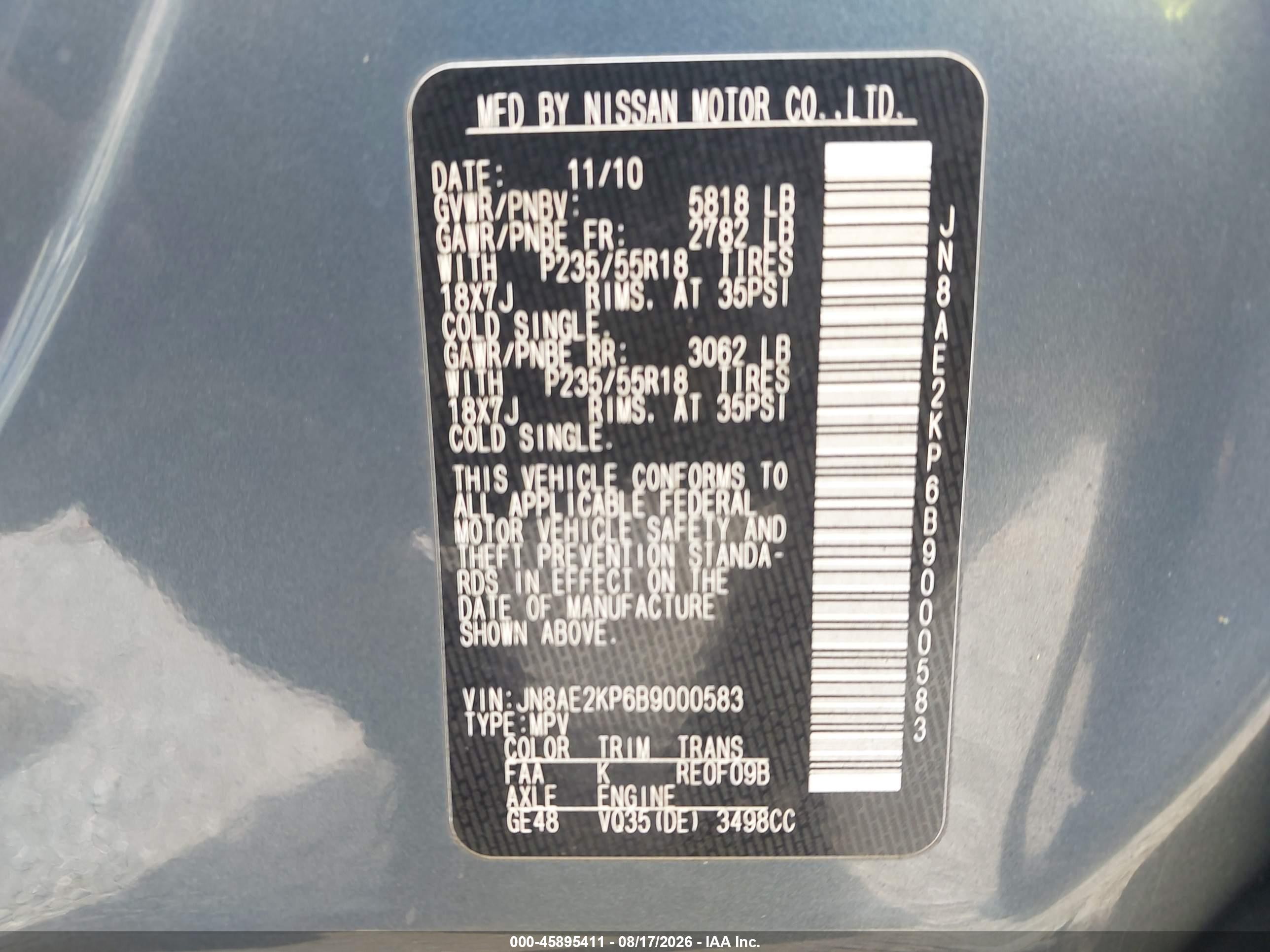 2011 Nissan Quest Sl Blue vin: JN8AE2KP6B9000583