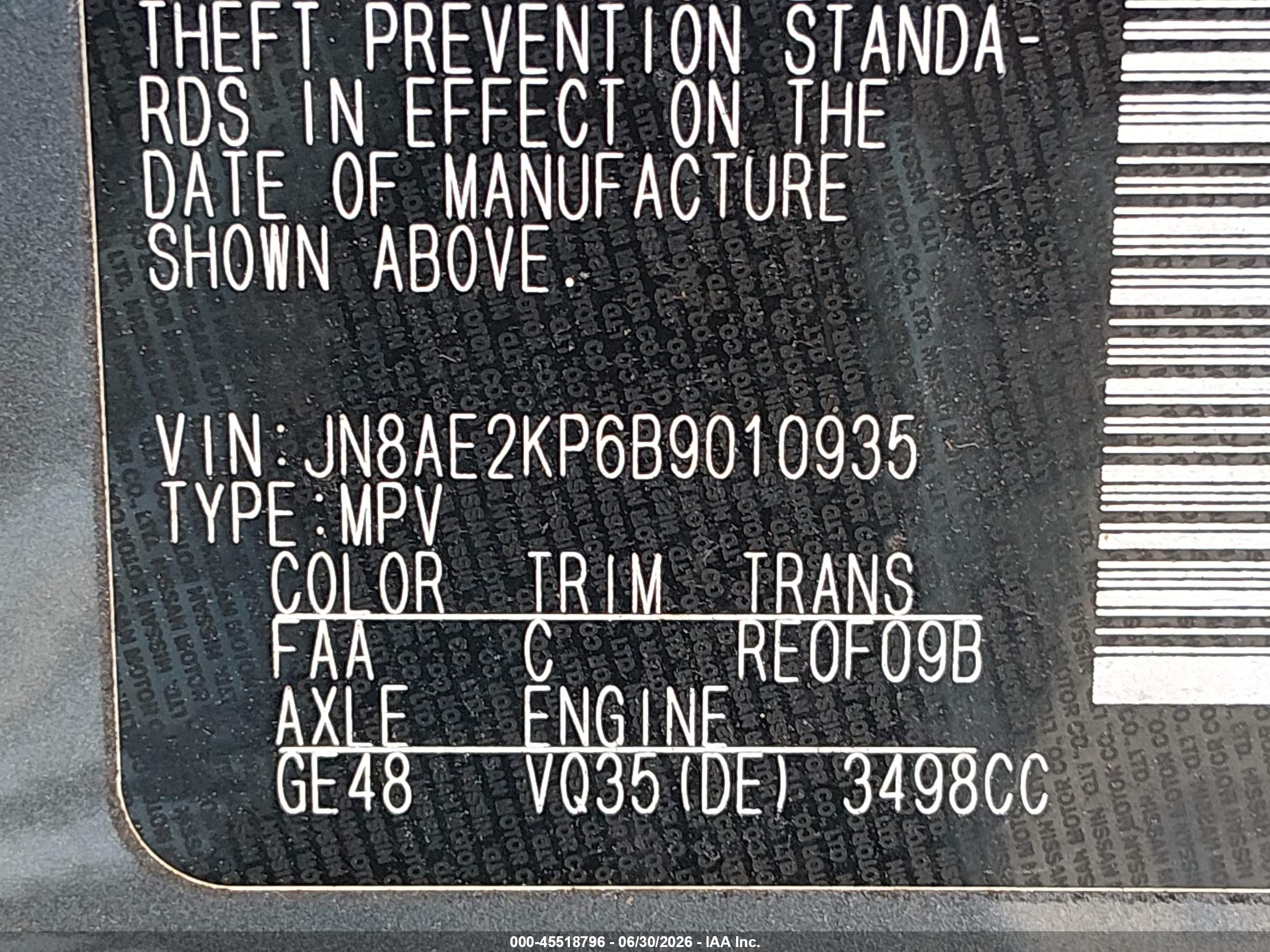 2011 Nissan Quest Sl Blue vin: JN8AE2KP6B9010935