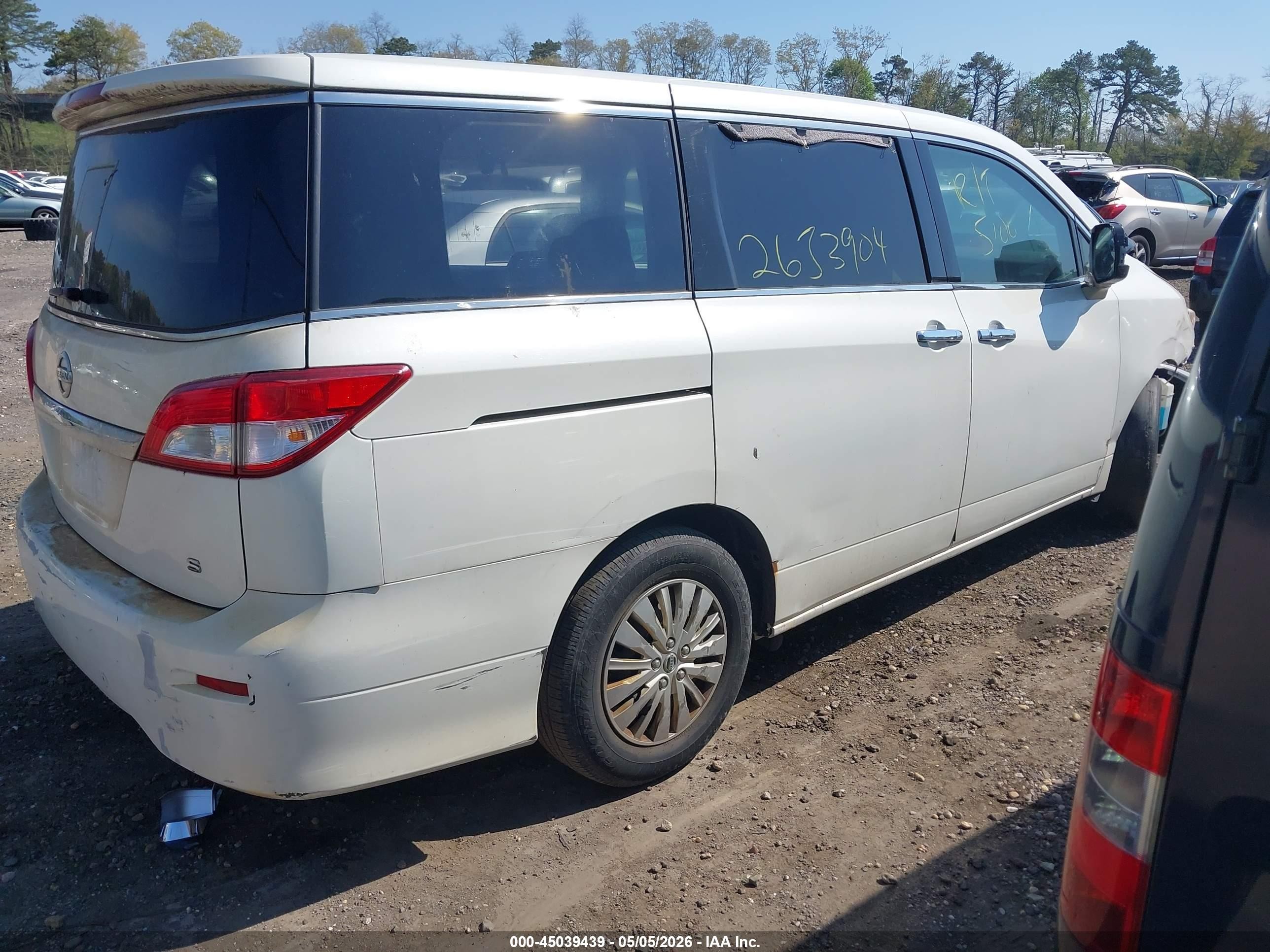 2012 Nissan Quest S White vin: JN8AE2KP6C9032774