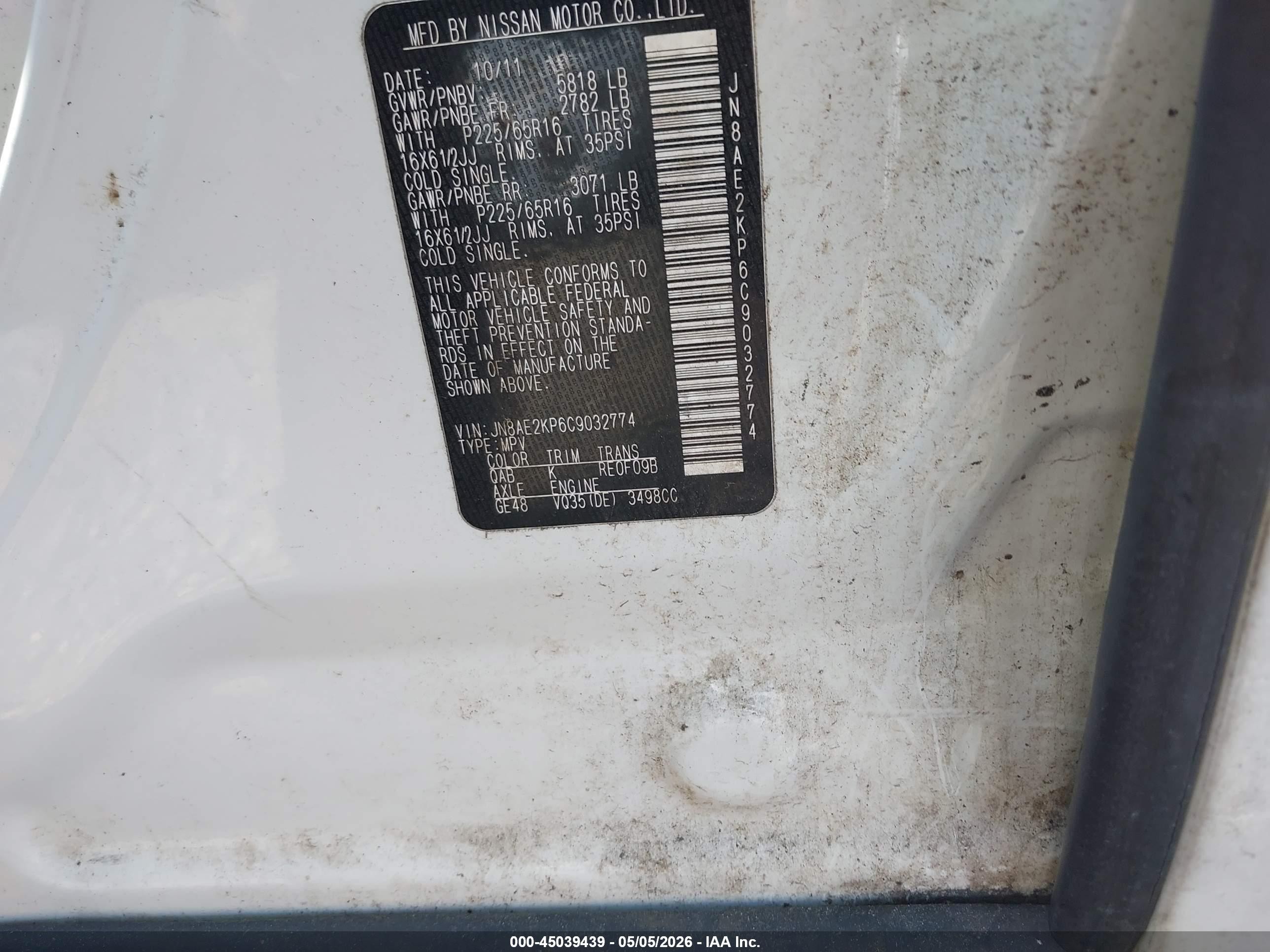 2012 Nissan Quest S White vin: JN8AE2KP6C9032774