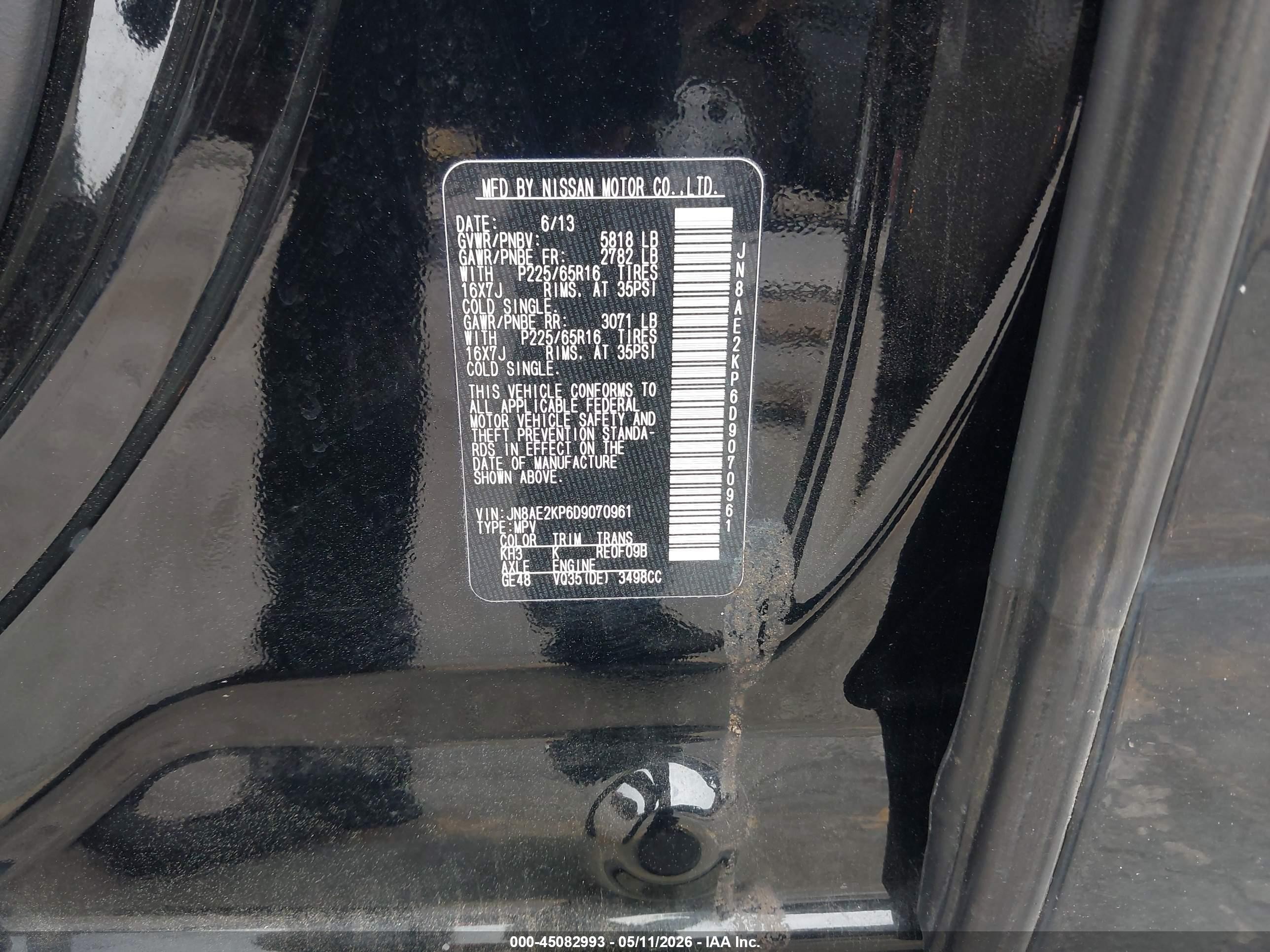 2013 Nissan Quest Sv Black vin: JN8AE2KP6D9070961