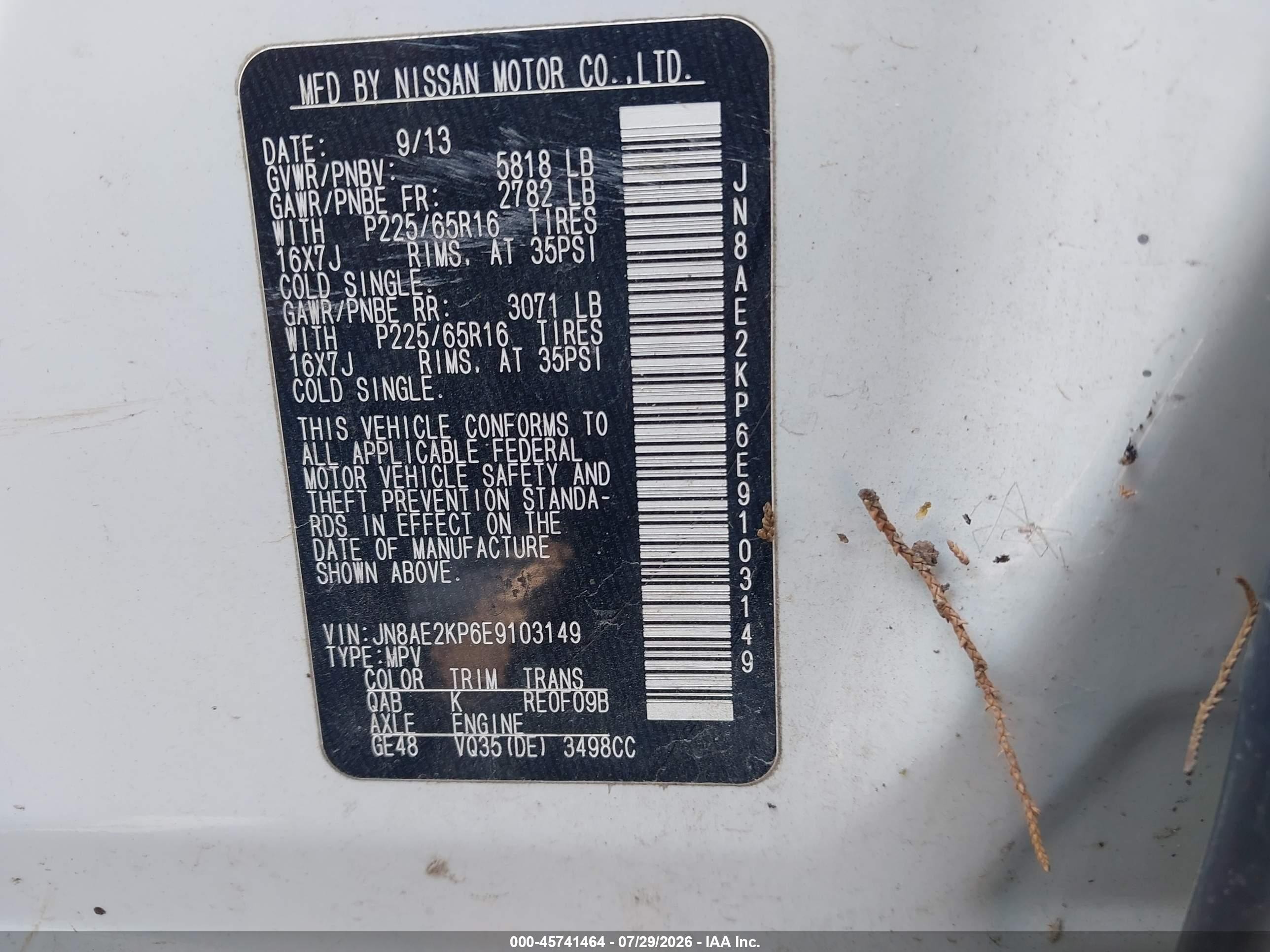2014 Nissan Quest Sv White vin: JN8AE2KP6E9103149