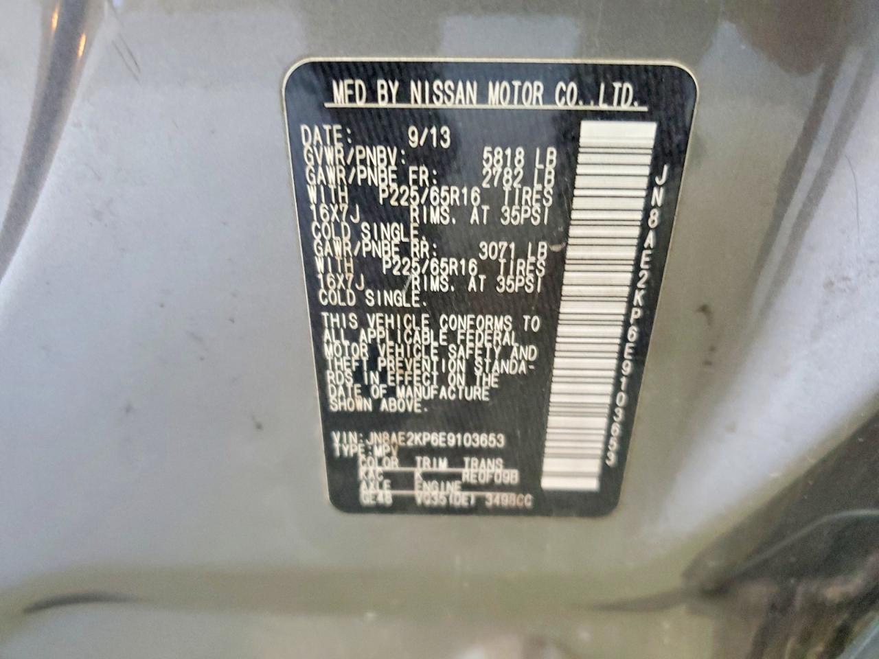 2014 Nissan Quest 3.5 Sv Gray vin: JN8AE2KP6E9103653