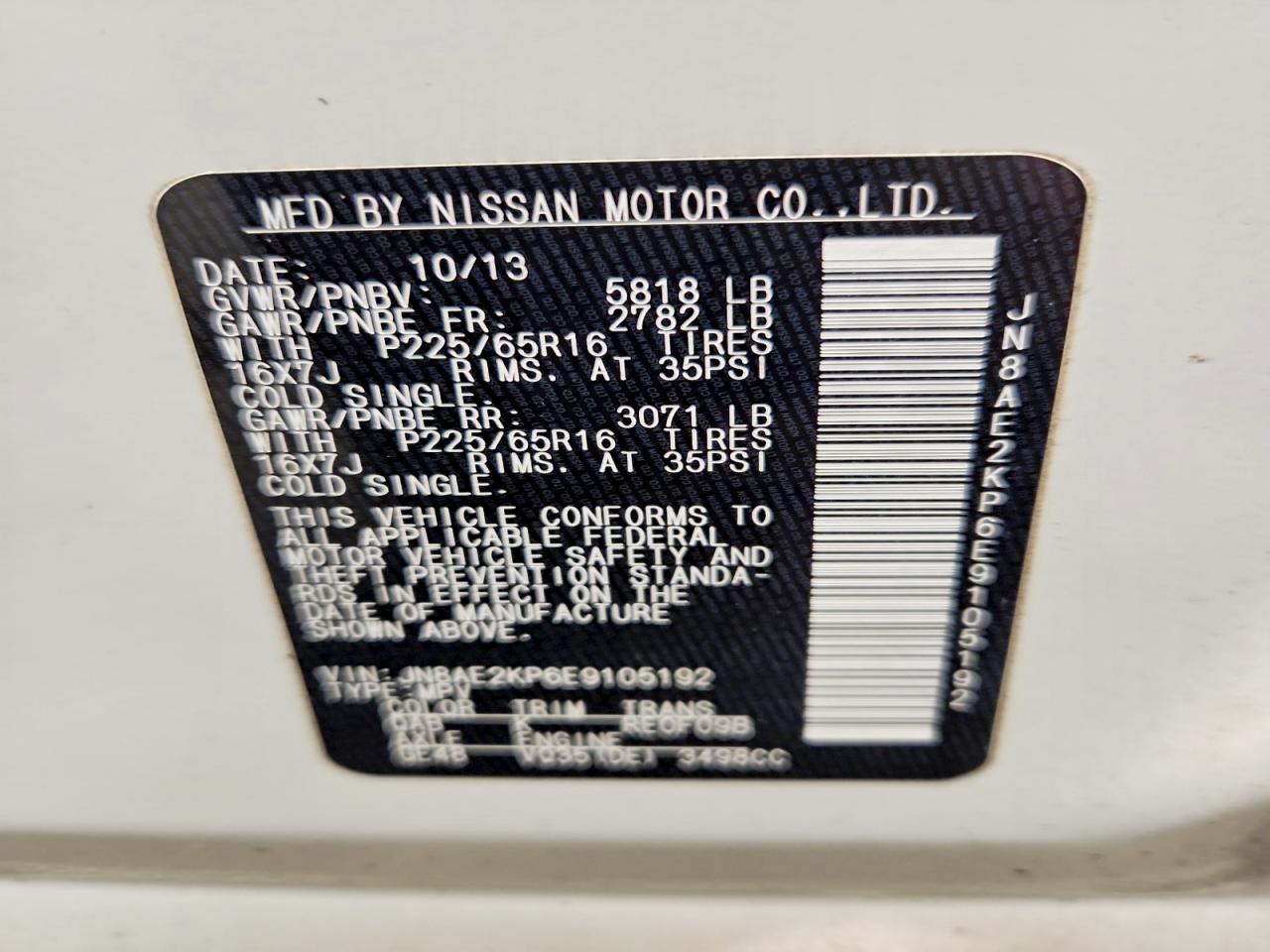 2014 Nissan Quest 3.5 Sv White vin: JN8AE2KP6E9105192