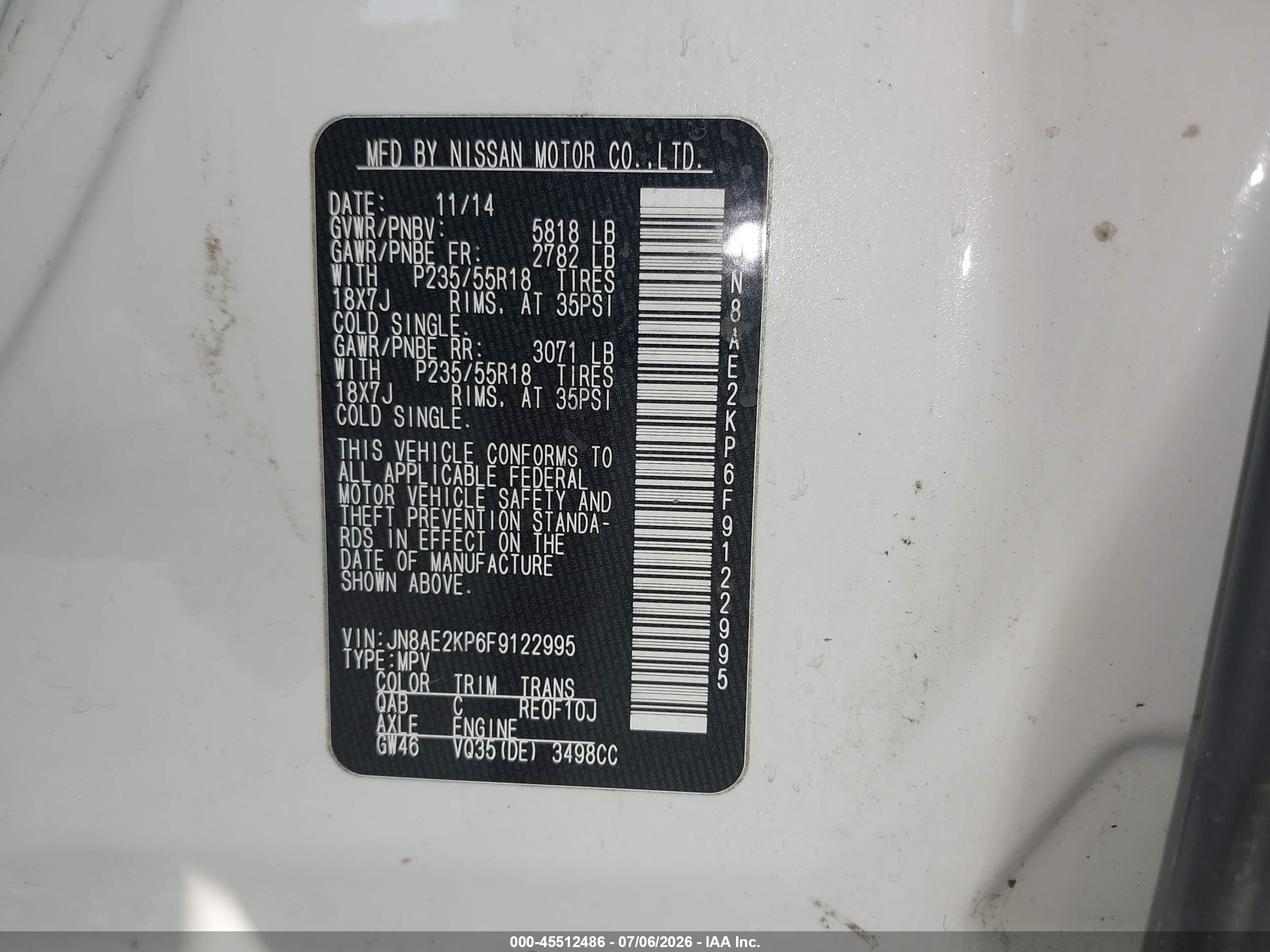 2015 Nissan Quest Sl White vin: JN8AE2KP6F9122995