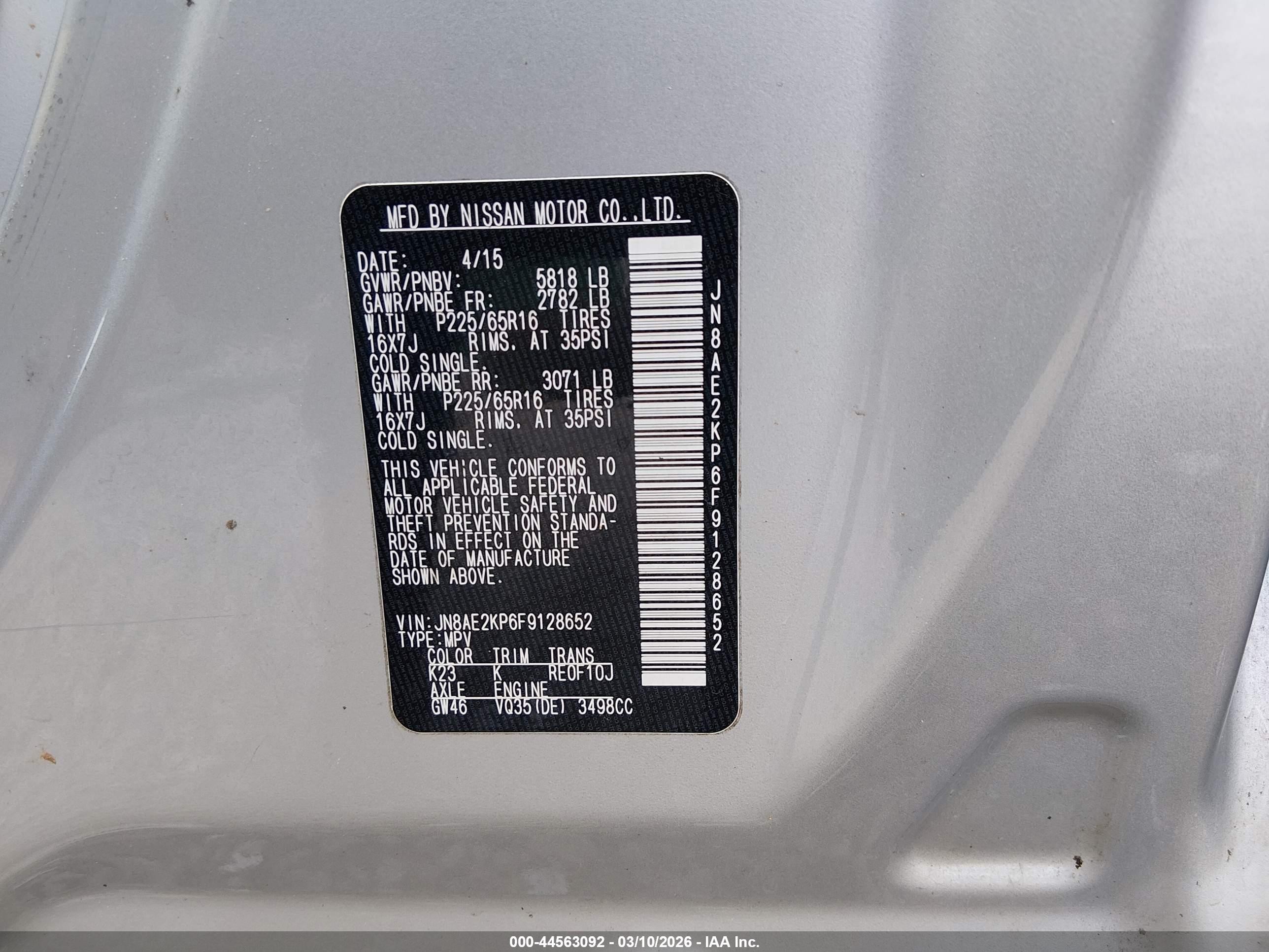 2015 Nissan Quest Sv Silver vin: JN8AE2KP6F9128652