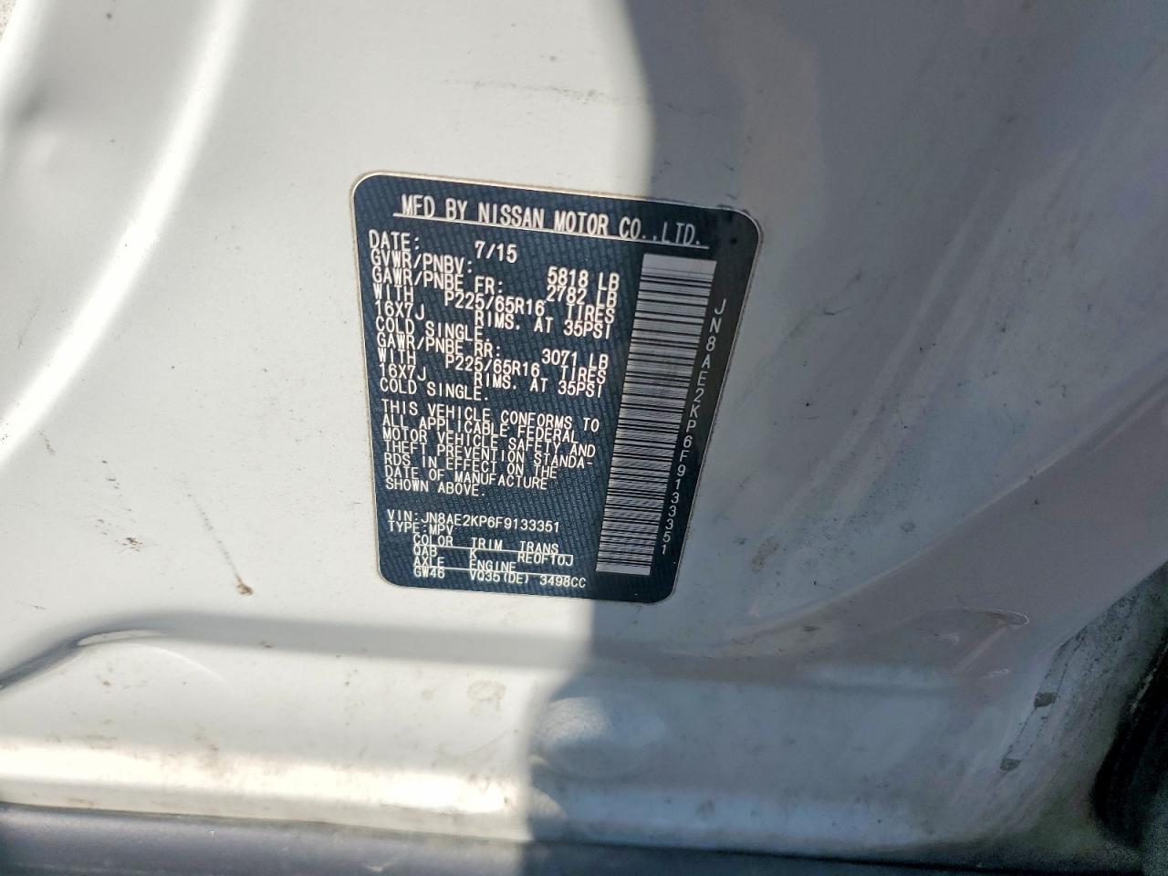 2015 Nissan Quest 3.5 Sv White vin: JN8AE2KP6F9133351