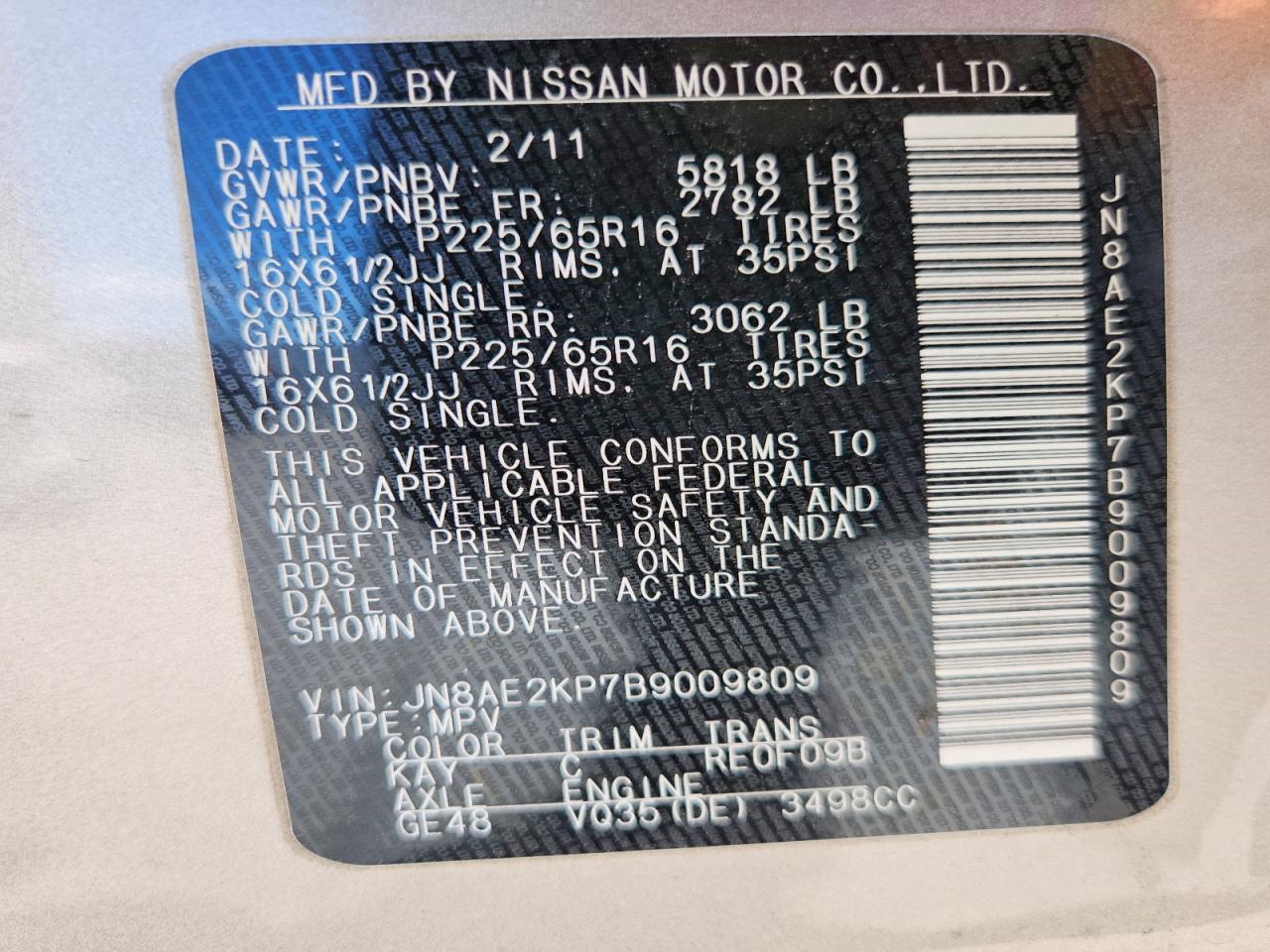 2011 Nissan Quest 3.5 S Gold vin: JN8AE2KP7B9009809