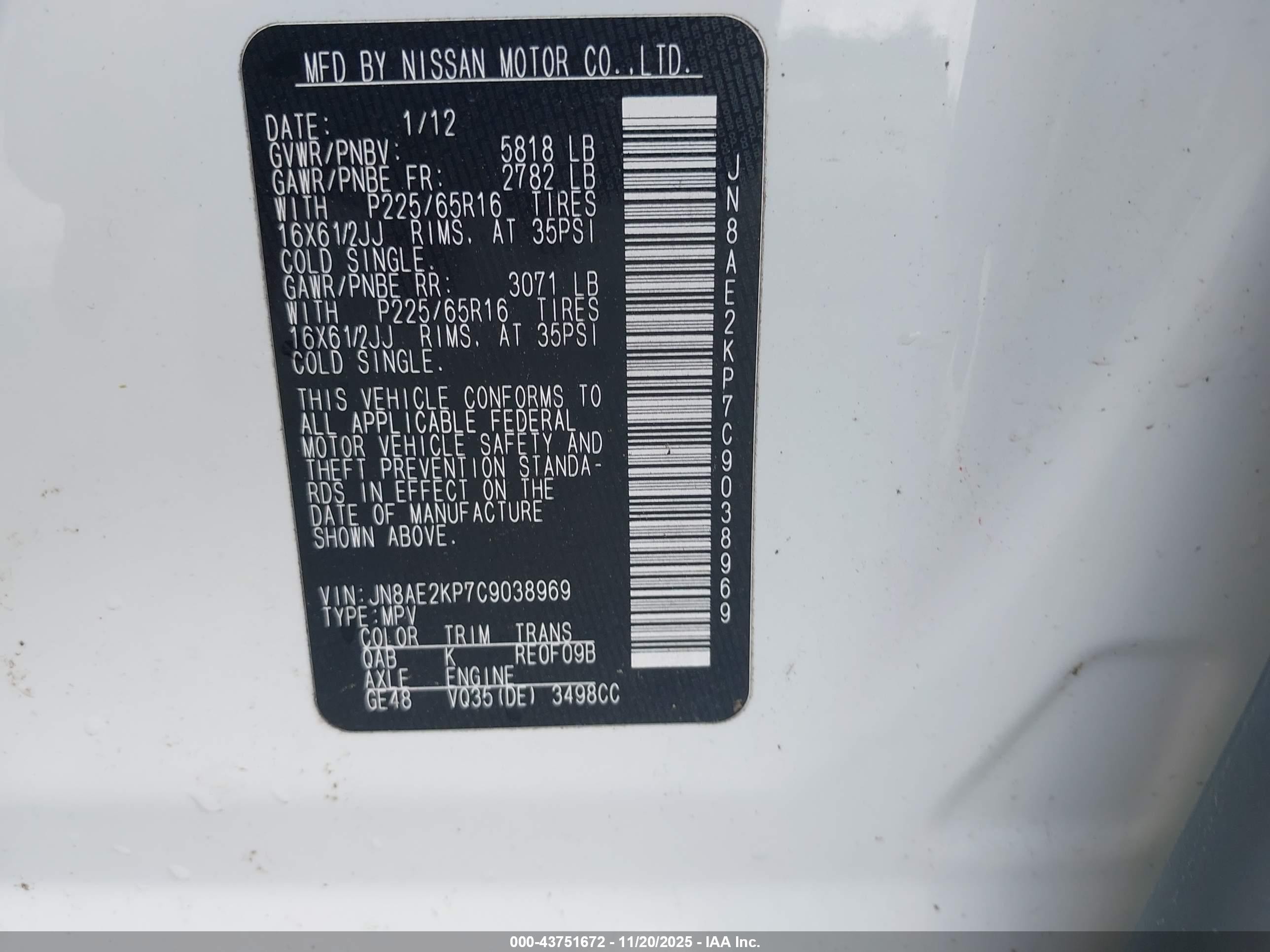 2012 Nissan Quest S White vin: JN8AE2KP7C9038969
