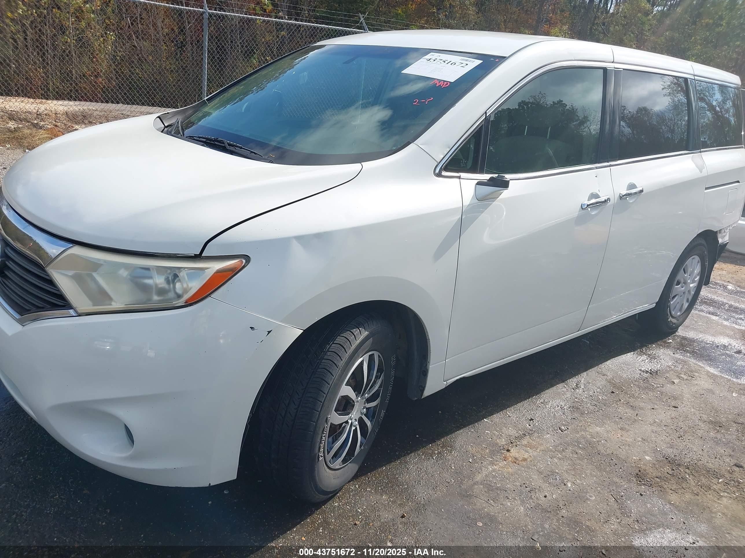 2012 Nissan Quest S White vin: JN8AE2KP7C9038969
