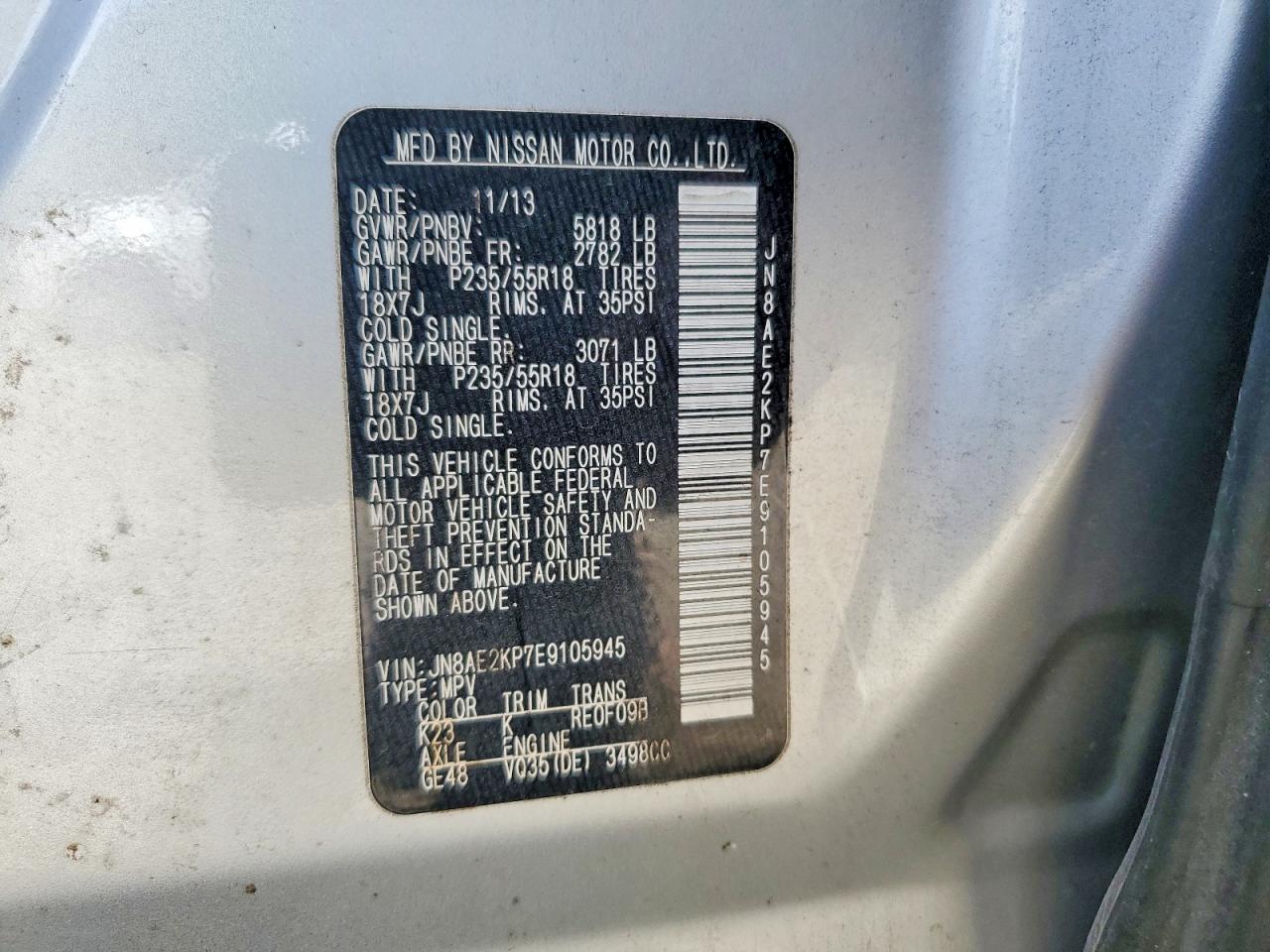 2014 Nissan Quest 3.5 Sl Silver vin: JN8AE2KP7E9105945