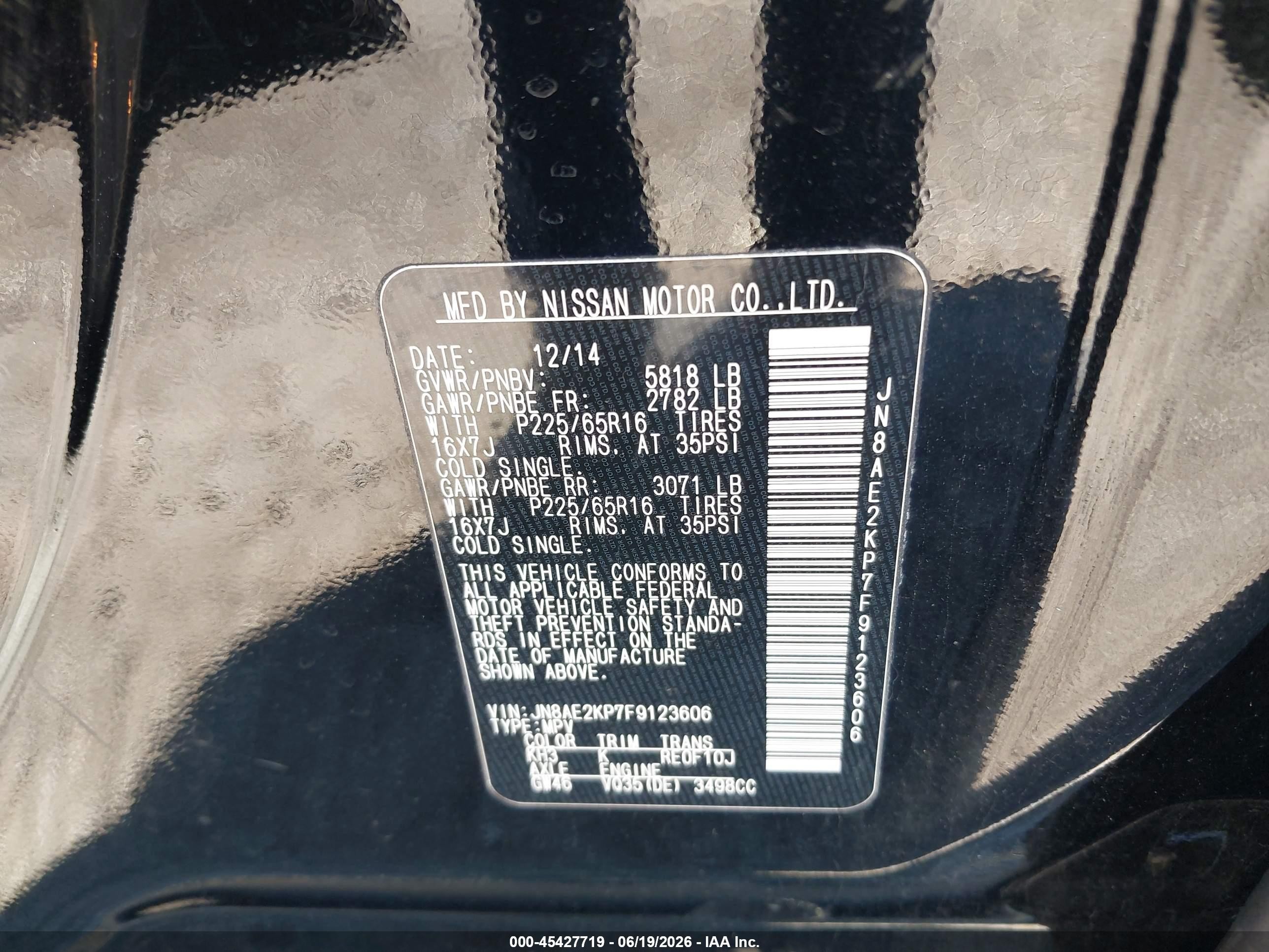 2015 Nissan Quest Sv Black vin: JN8AE2KP7F9123606