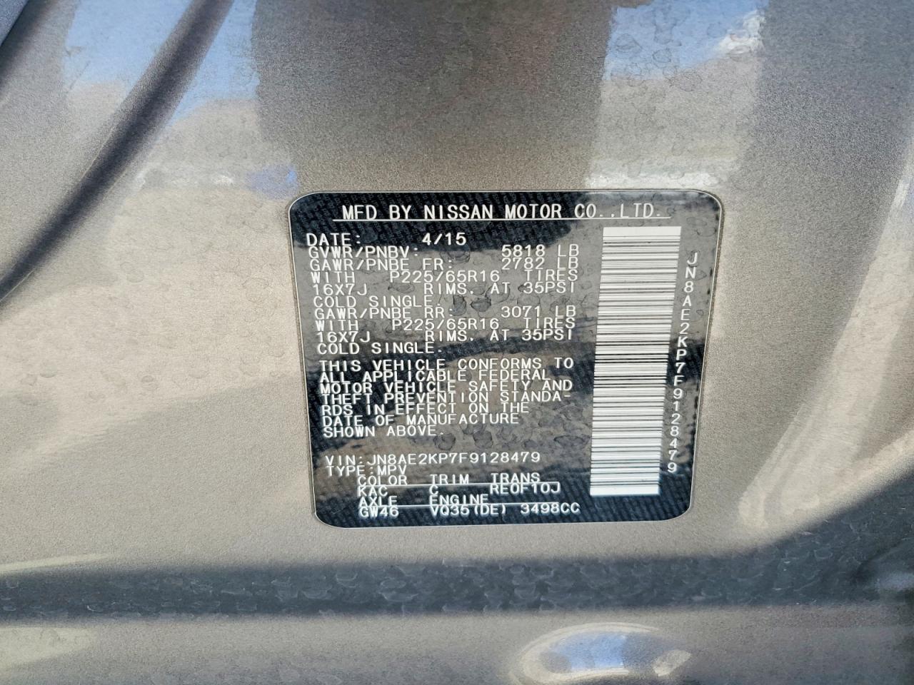 2015 Nissan Quest 3.5 Sv Gray vin: JN8AE2KP7F9128479