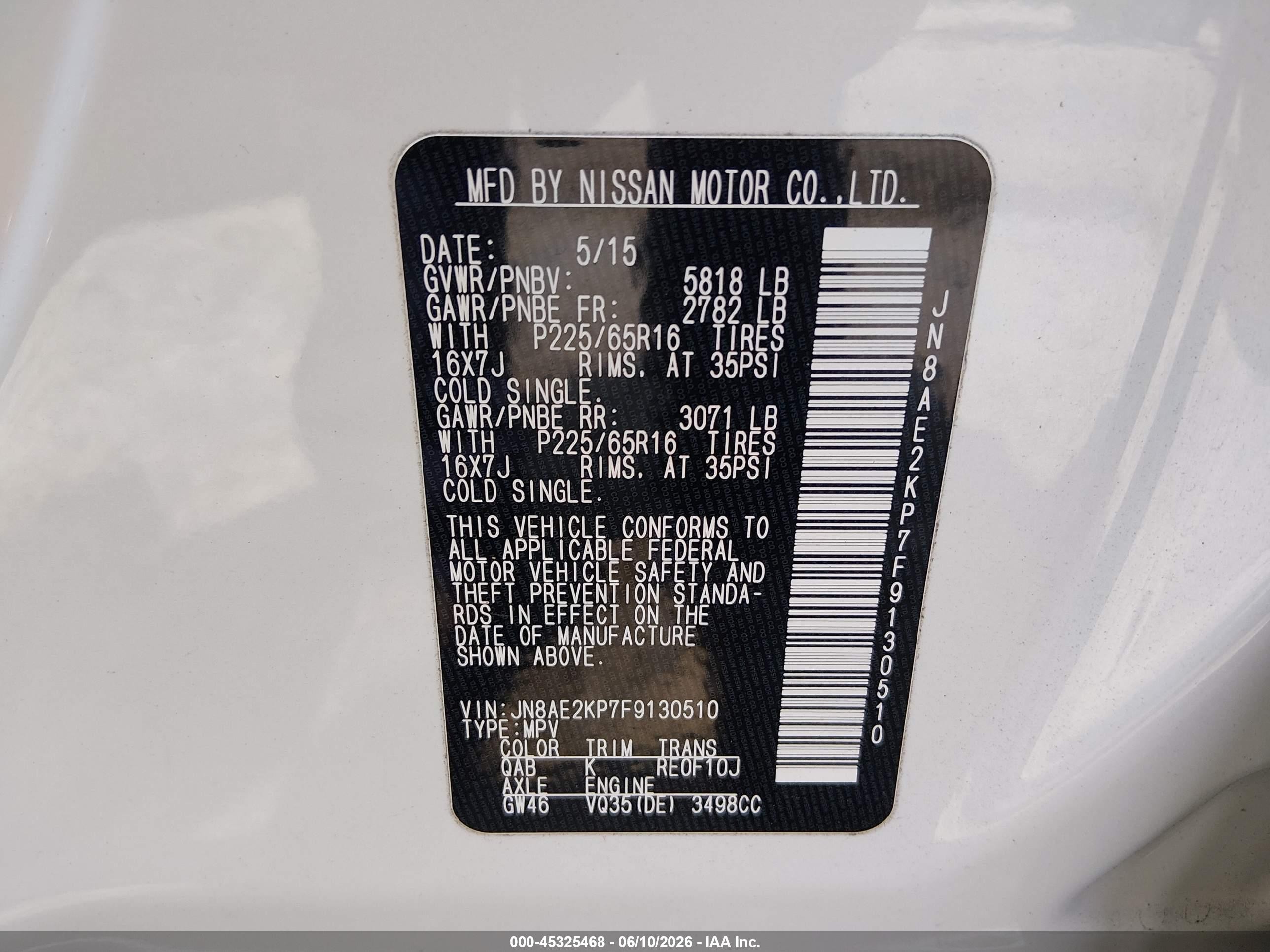 2015 Nissan Quest Platinum/s/sl/sv White vin: JN8AE2KP7F9130510