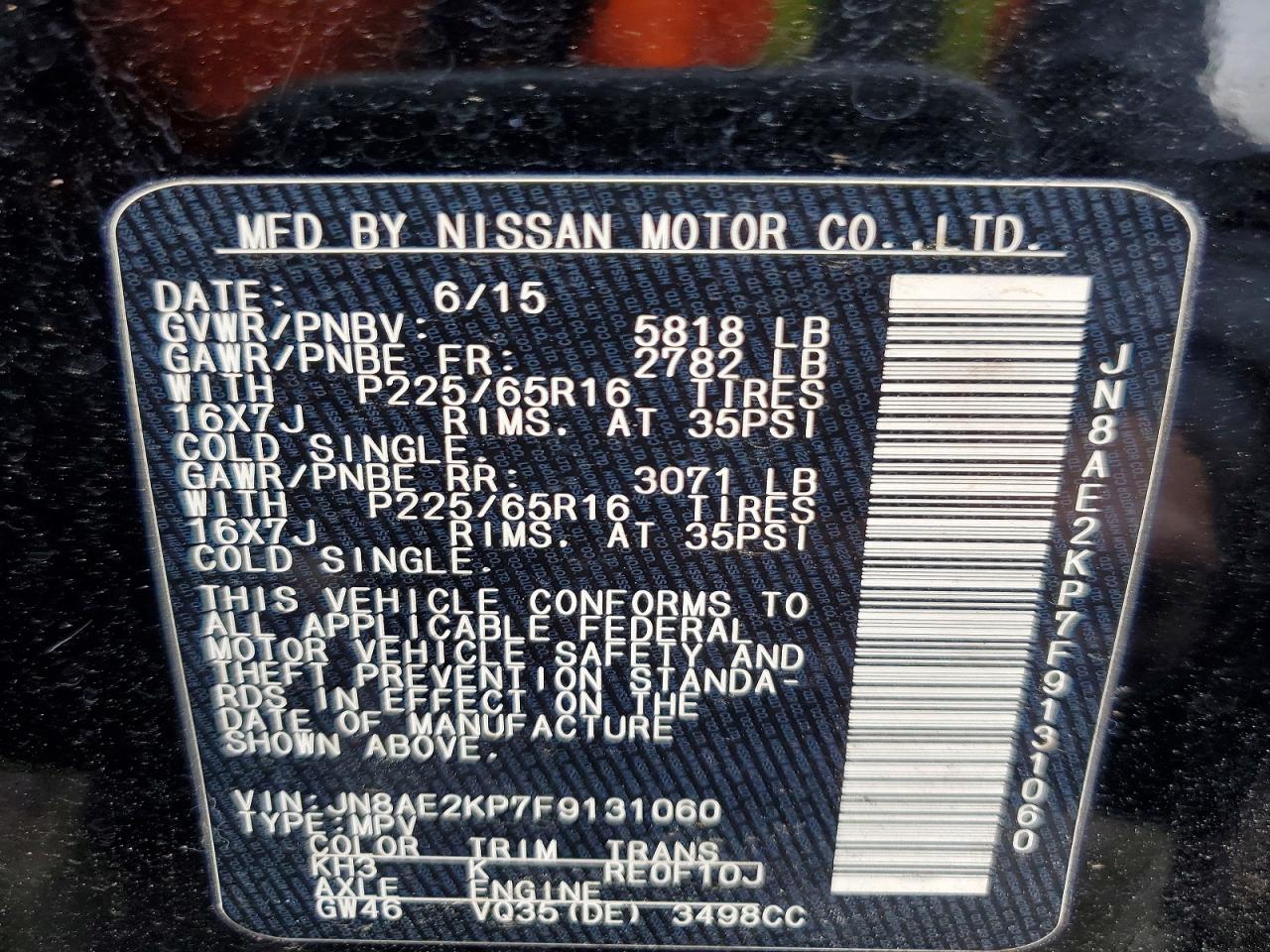 2015 Nissan Quest 3.5 Sv Black vin: JN8AE2KP7F9131060