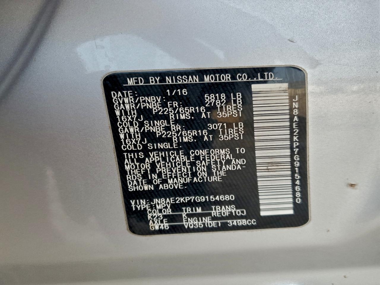 2016 Nissan Quest S Silver vin: JN8AE2KP7G9154680