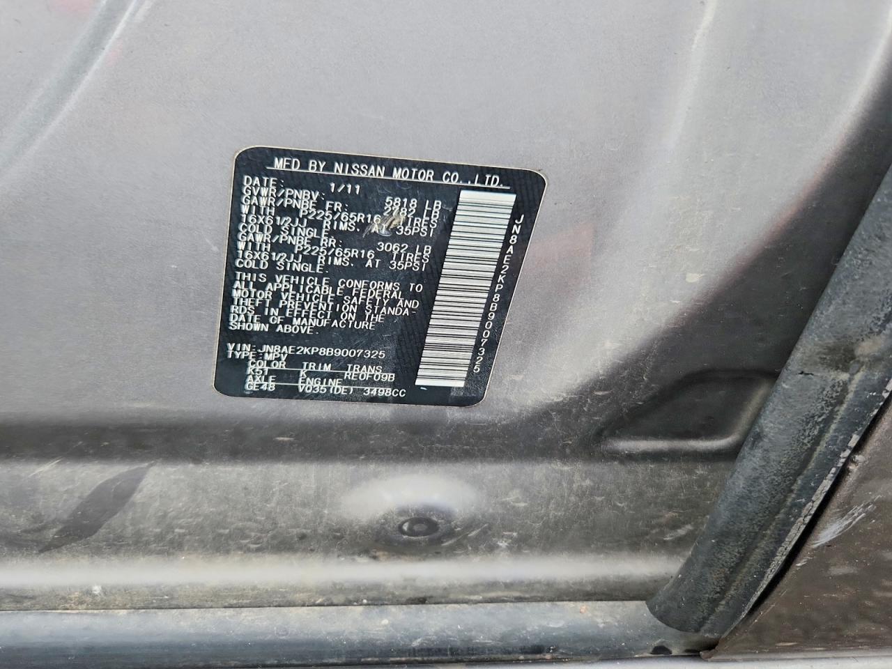 2011 Nissan Quest S/sv/sl/le Silver vin: JN8AE2KP8B9007325