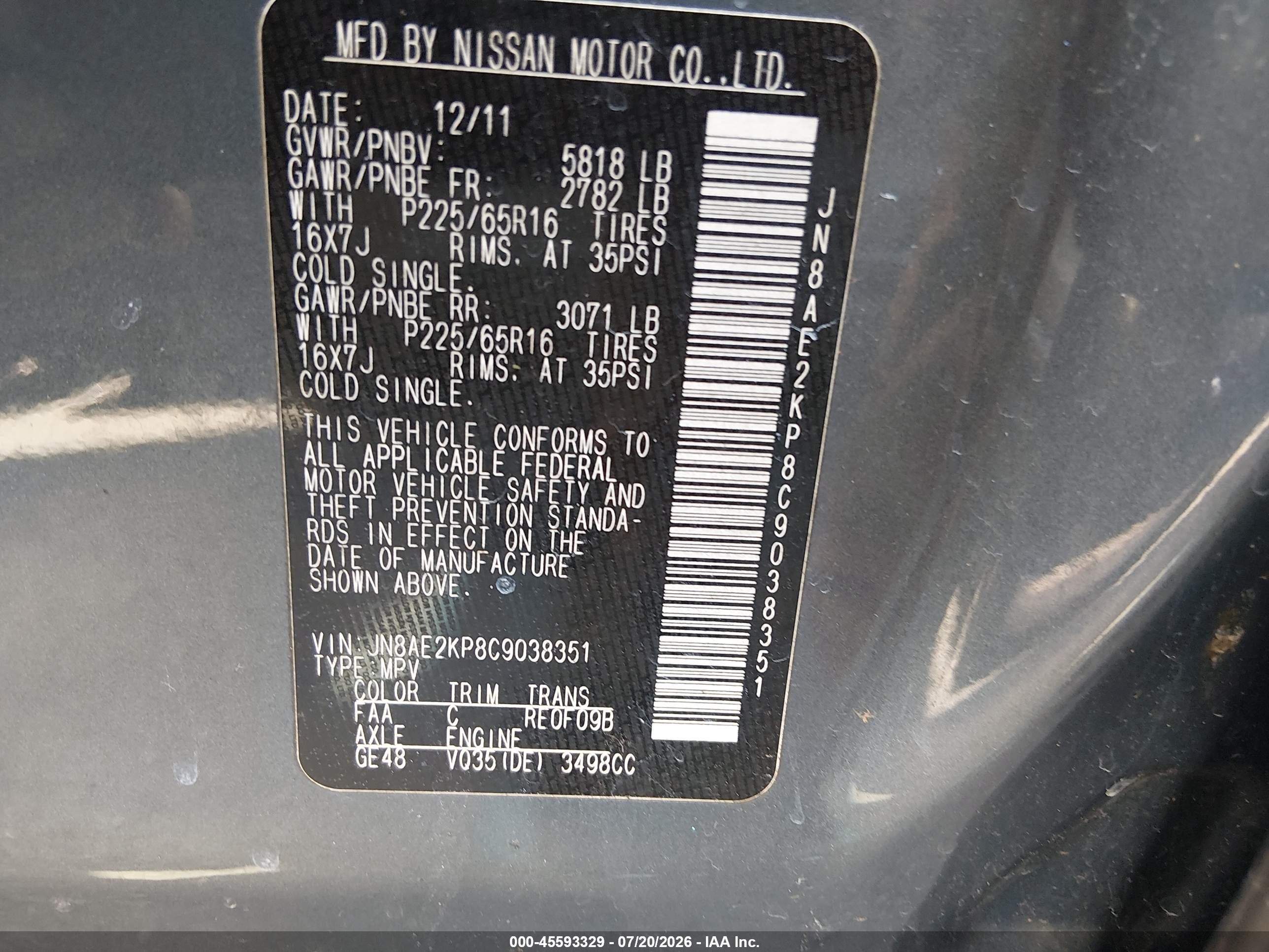 2012 Nissan Quest Sv Blue vin: JN8AE2KP8C9038351