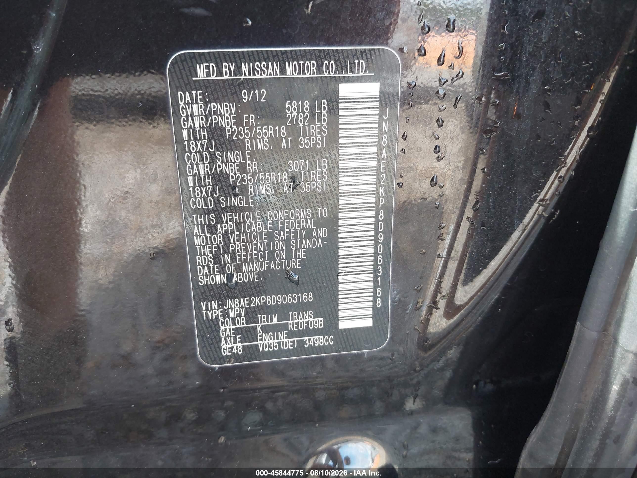 2013 Nissan Quest Sl Black vin: JN8AE2KP8D9063168