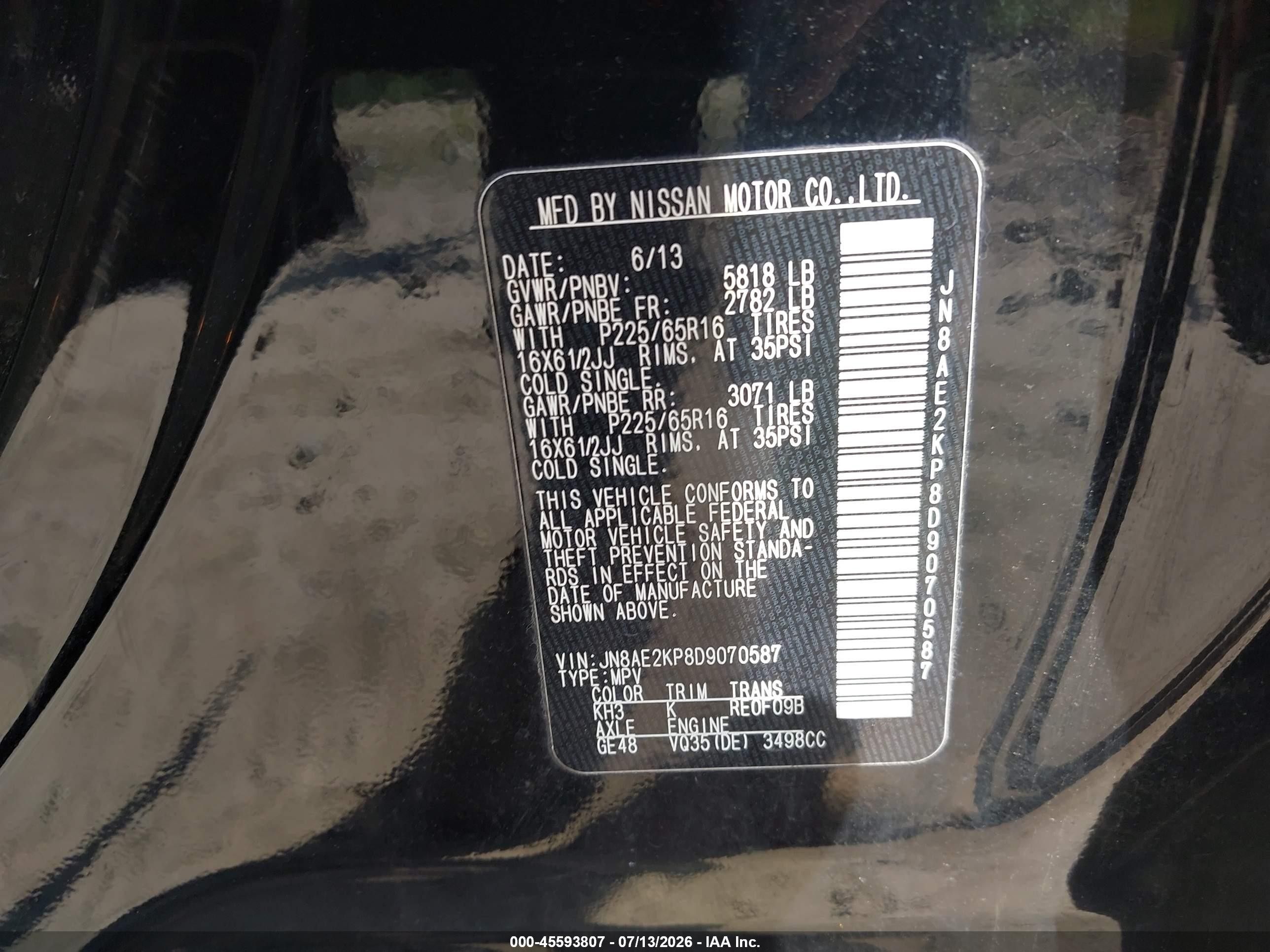 2013 Nissan Quest S Black vin: JN8AE2KP8D9070587