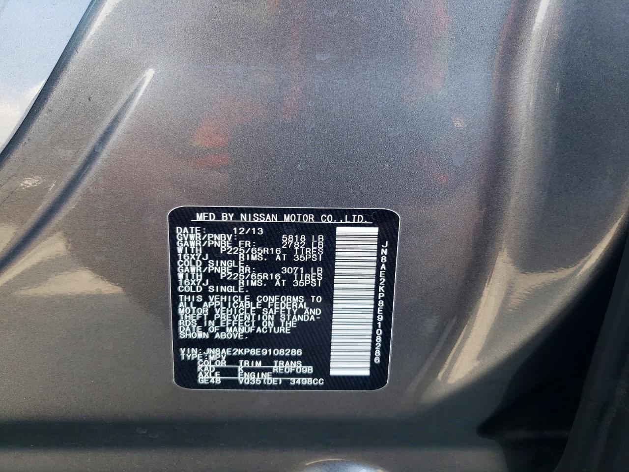 2014 Nissan Quest 3.5 Sv Gray vin: JN8AE2KP8E9108286
