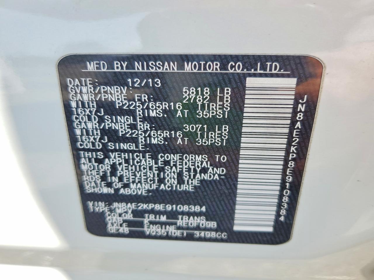 2014 Nissan Quest 3.5 Sv White vin: JN8AE2KP8E9108384