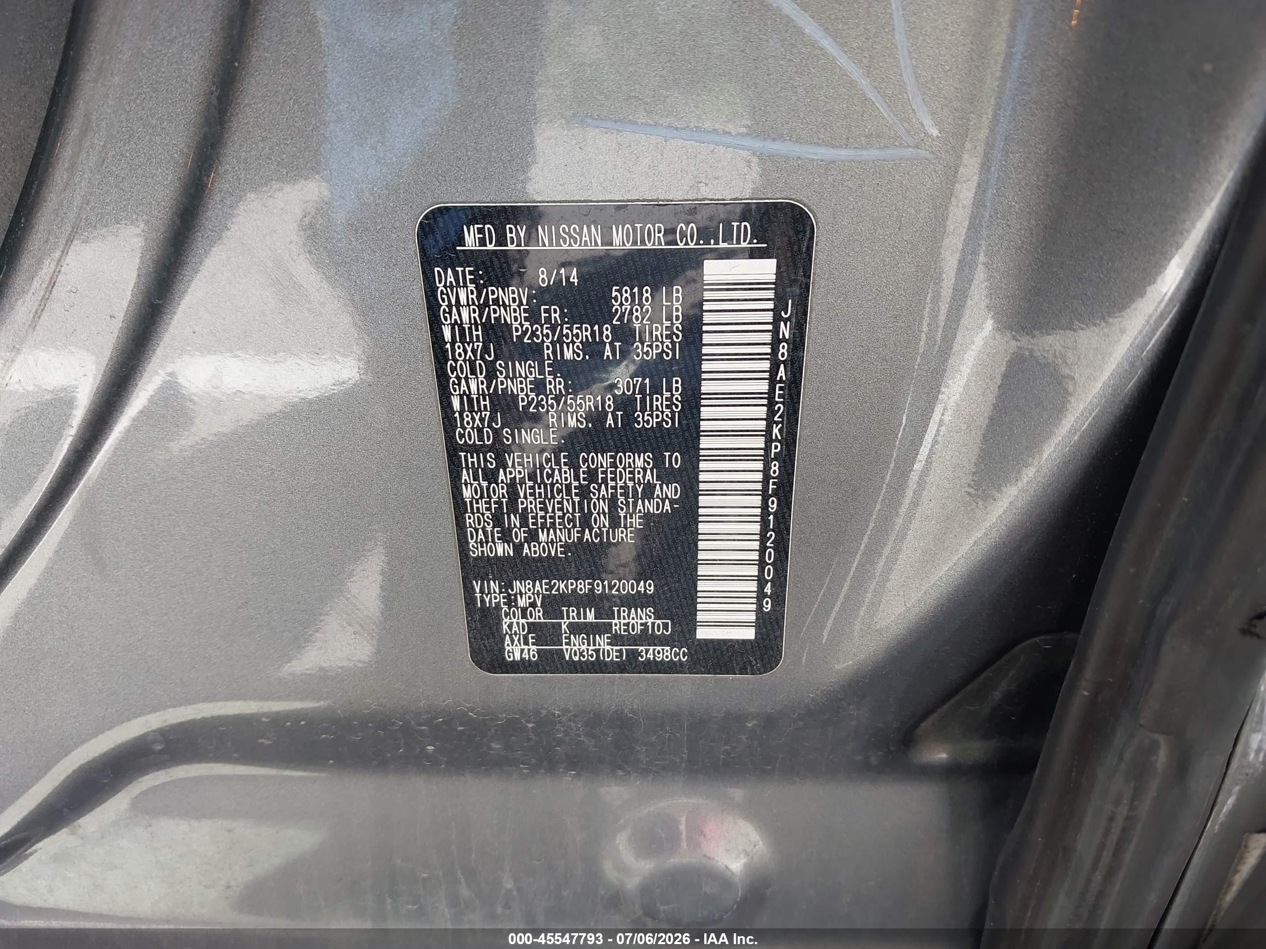 2015 Nissan Quest Platinum Gray vin: JN8AE2KP8F9120049