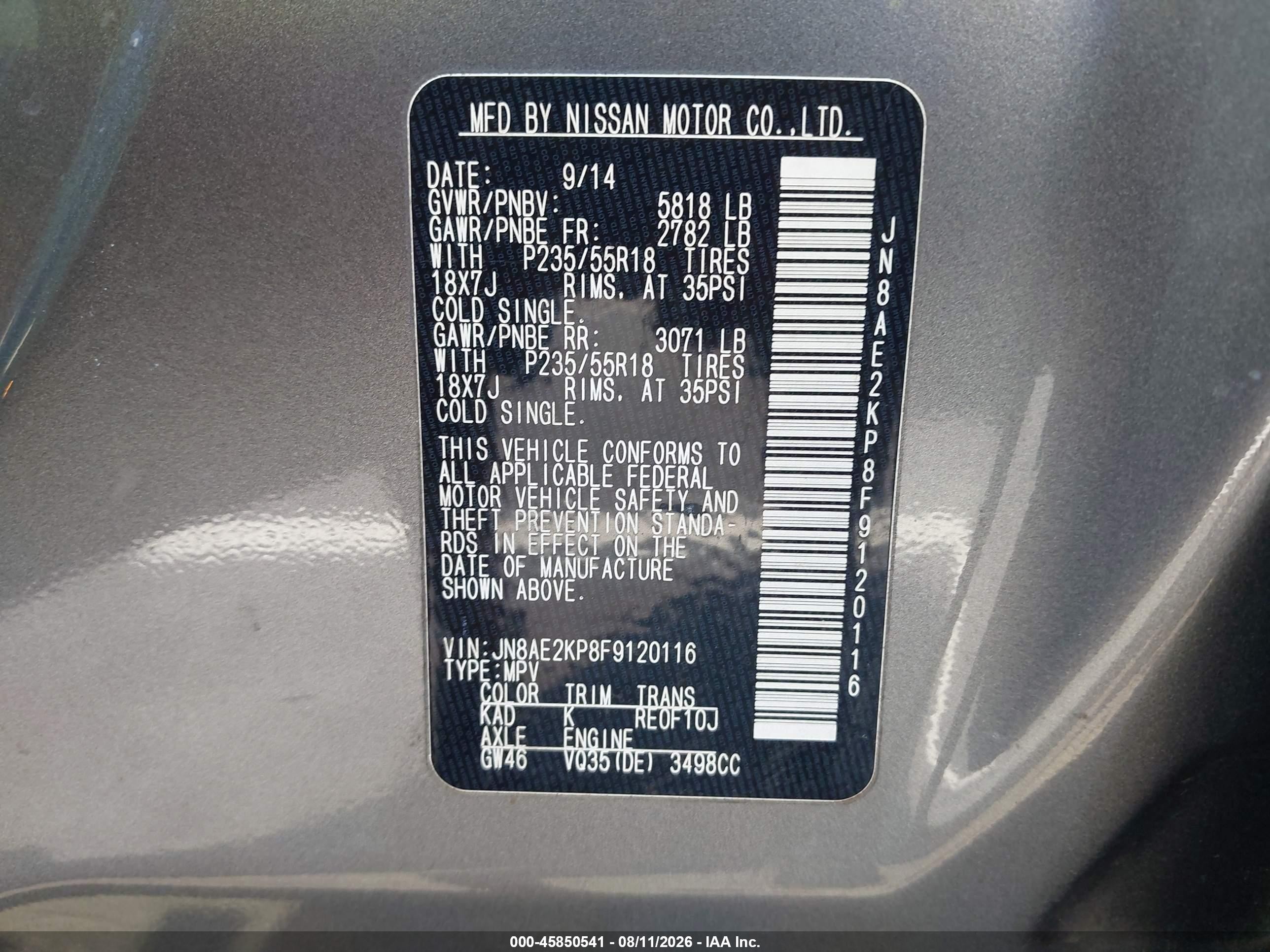2015 Nissan Quest Platinum/s/sl/sv Gray vin: JN8AE2KP8F9120116