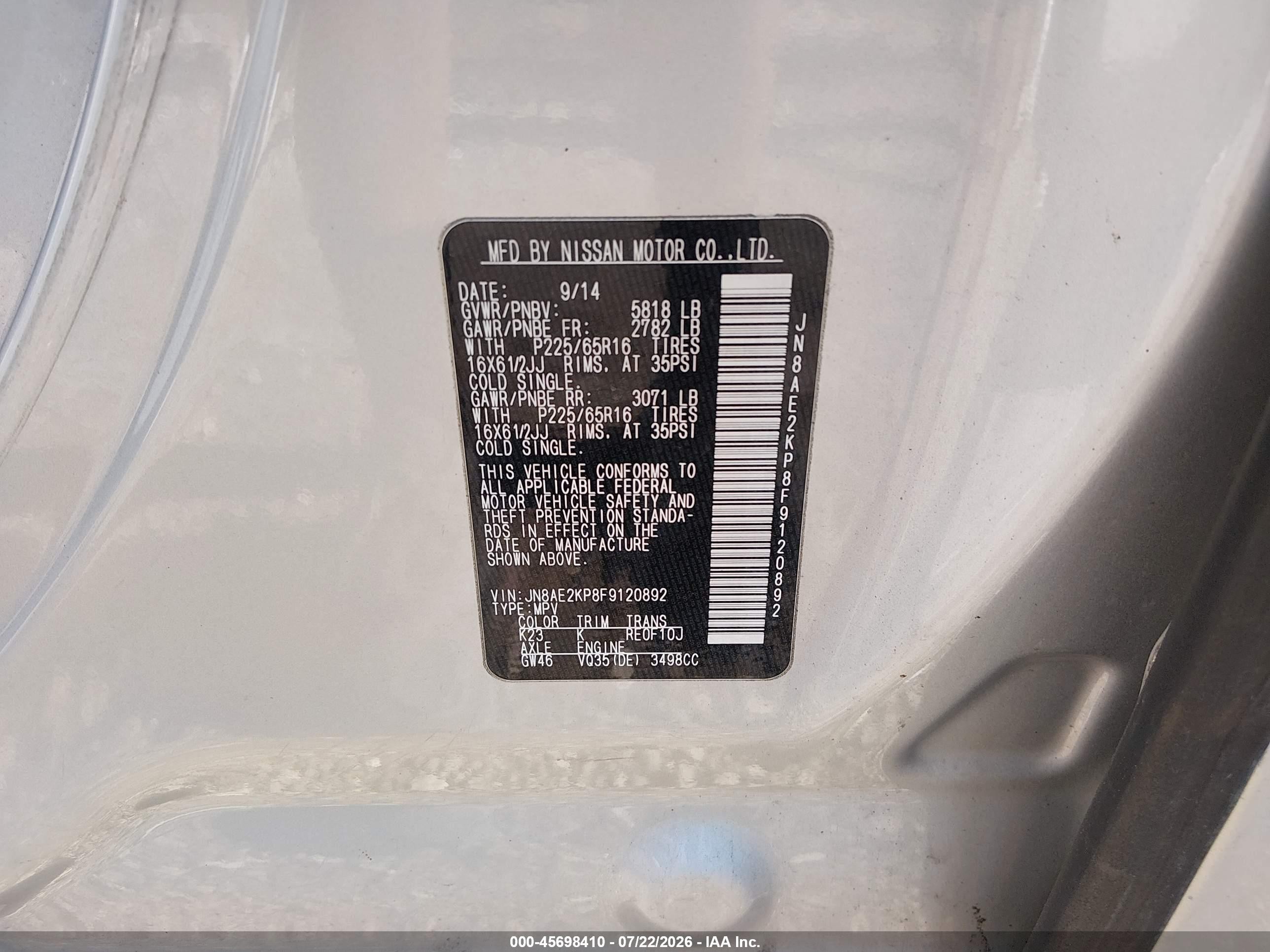 2015 Nissan Quest S Gray vin: JN8AE2KP8F9120892