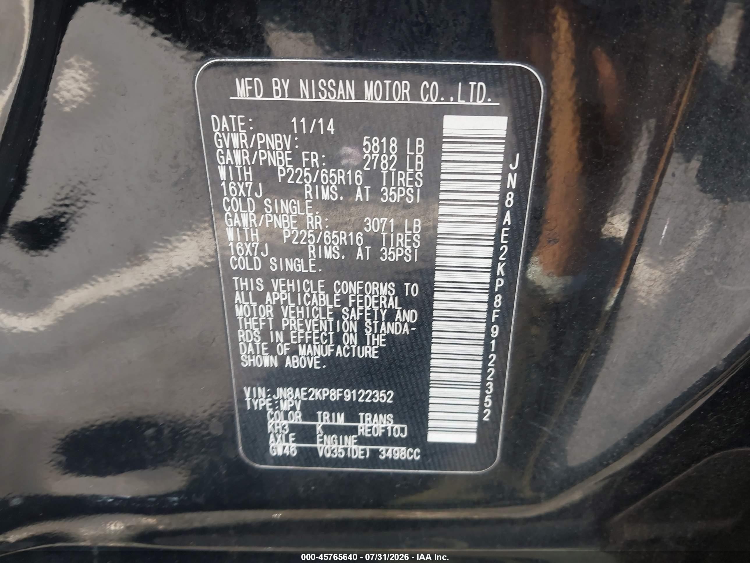 2015 Nissan Quest Sv Black vin: JN8AE2KP8F9122352