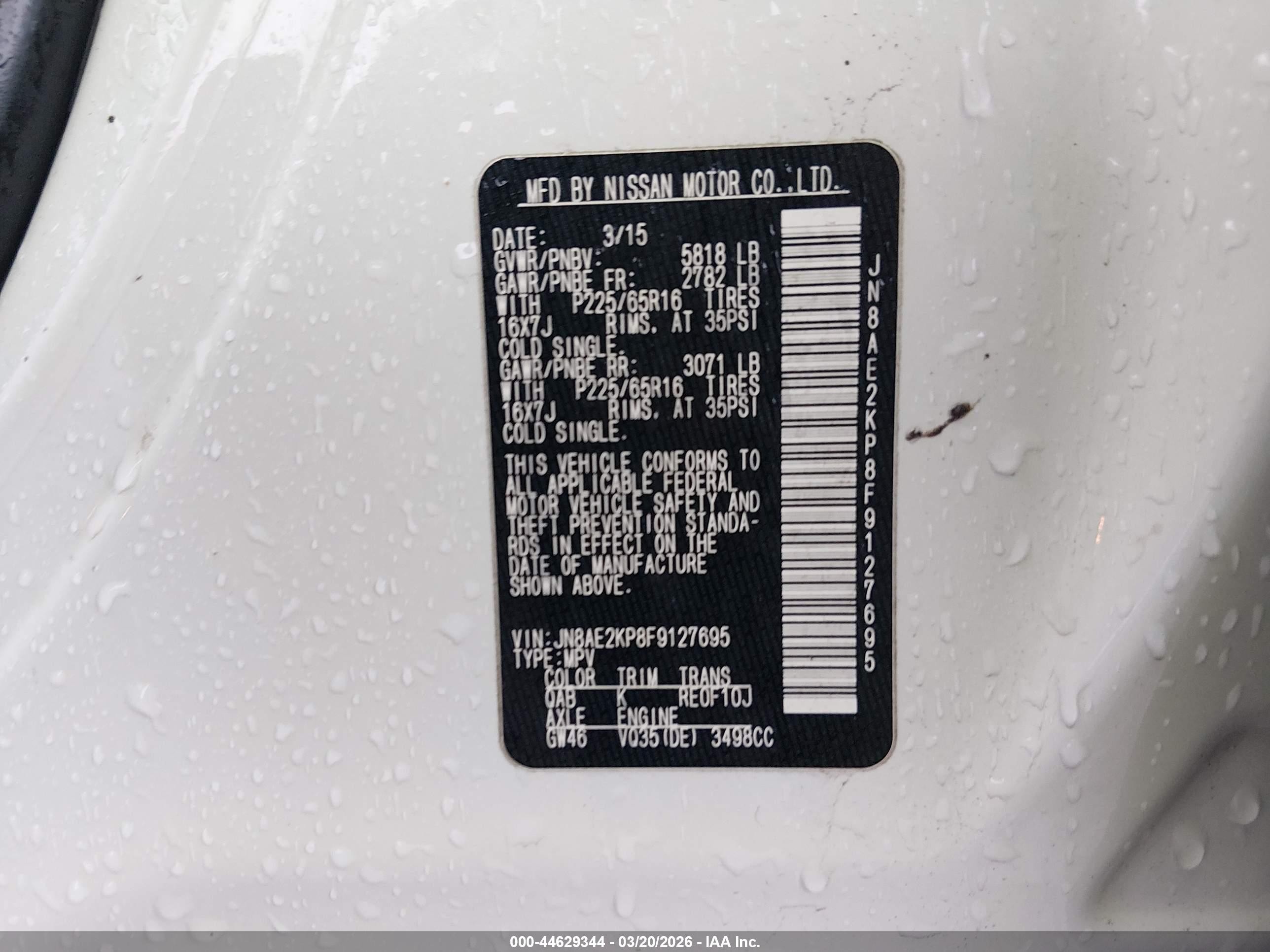 2015 Nissan Quest Platinum/s/sl/sv White vin: JN8AE2KP8F9127695