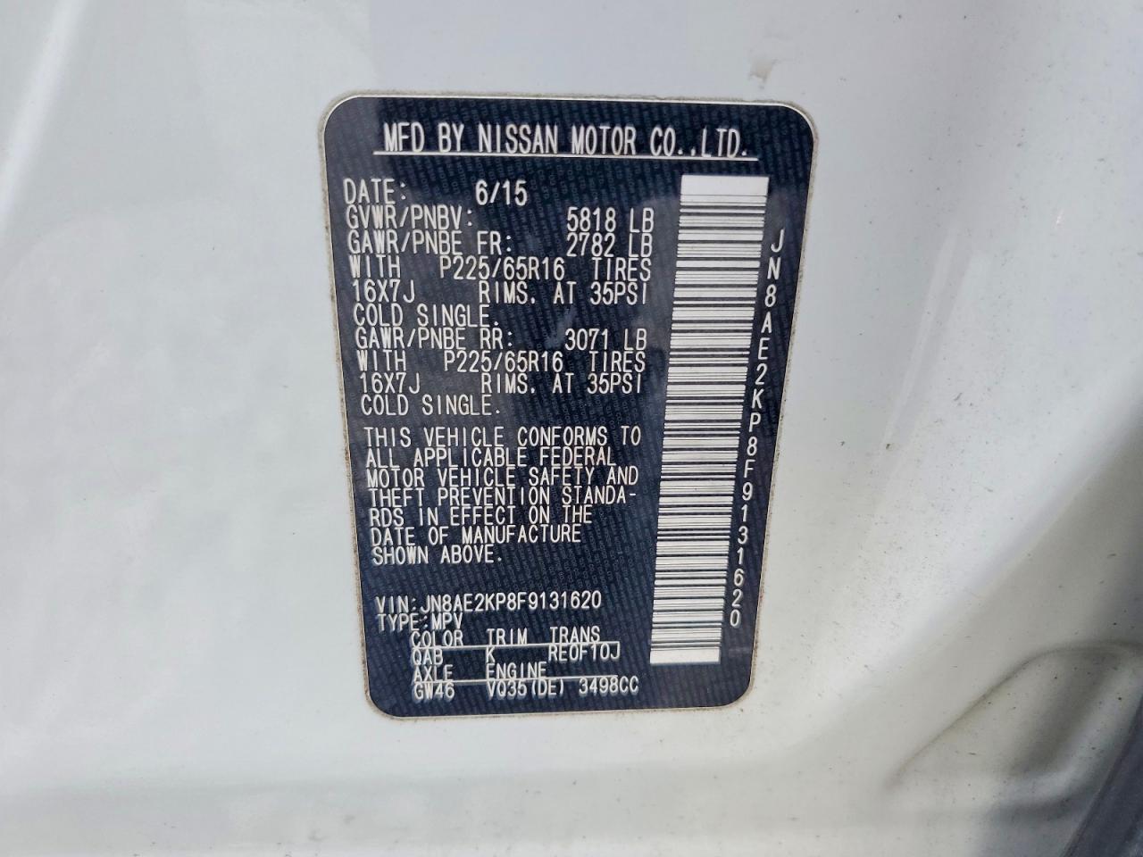 2015 Nissan Quest 3.5 Sv White vin: JN8AE2KP8F9131620