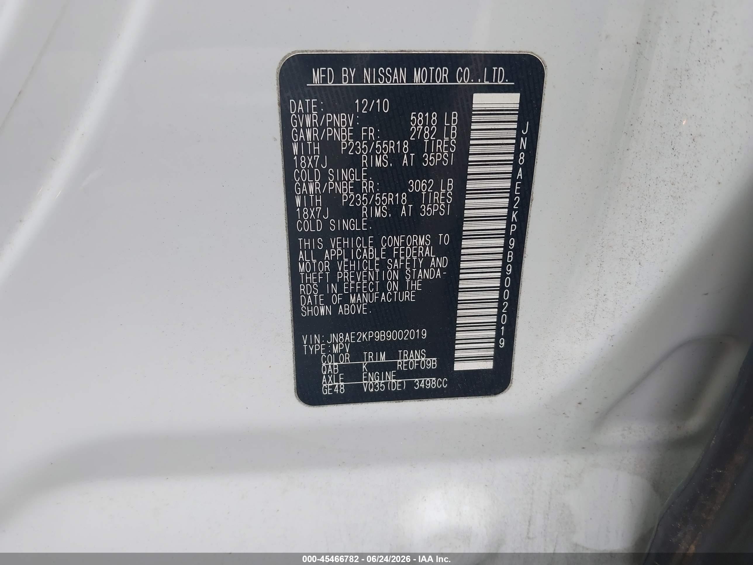2011 Nissan Quest Sl White vin: JN8AE2KP9B9002019
