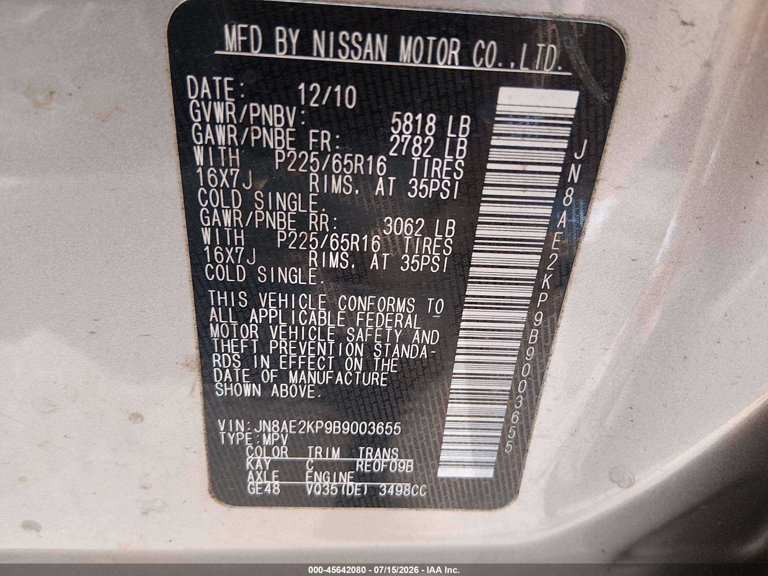 2011 Nissan Quest Sv Gold vin: JN8AE2KP9B9003655
