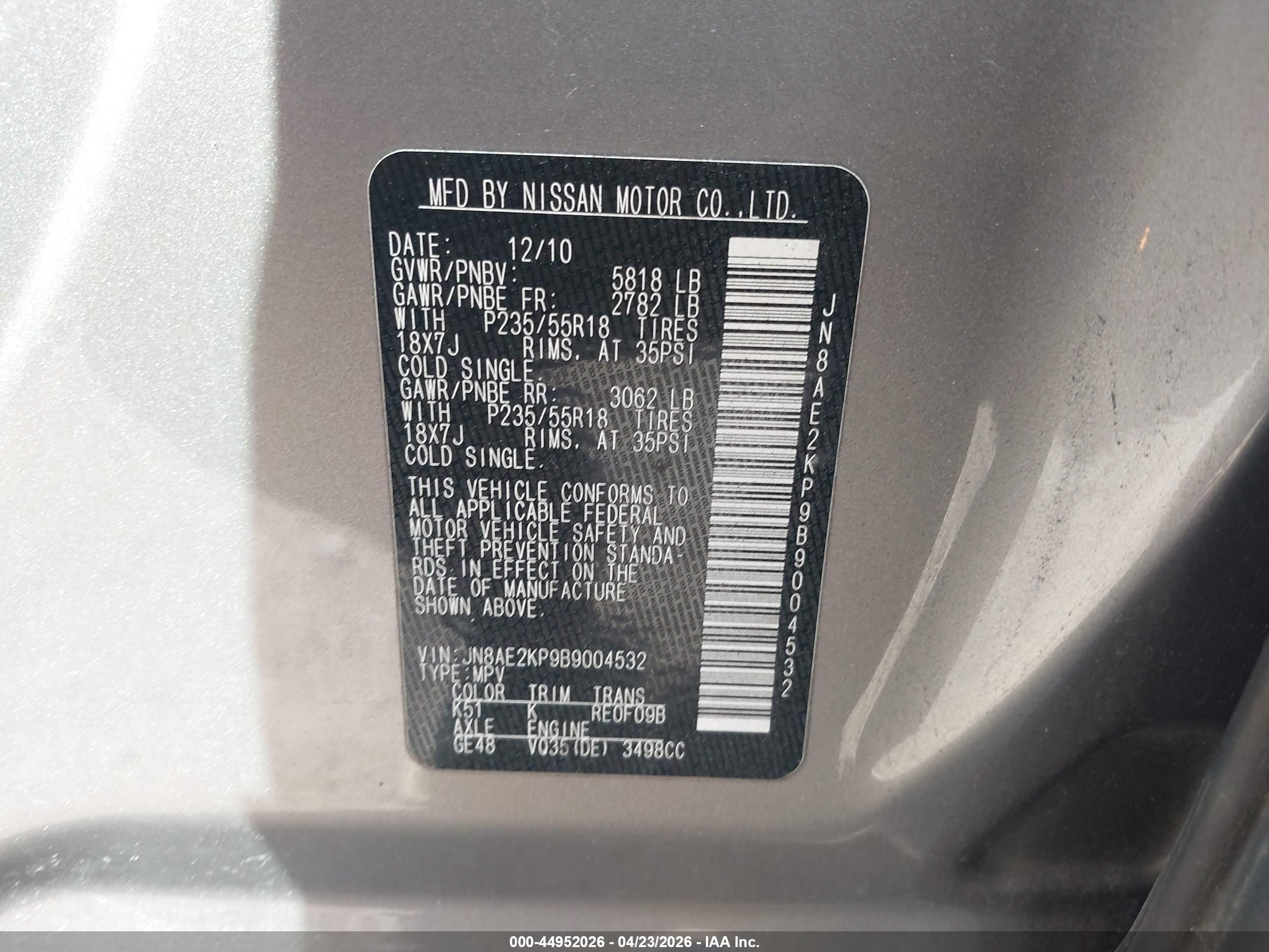 2011 Nissan Quest Sl Gray vin: JN8AE2KP9B9004532