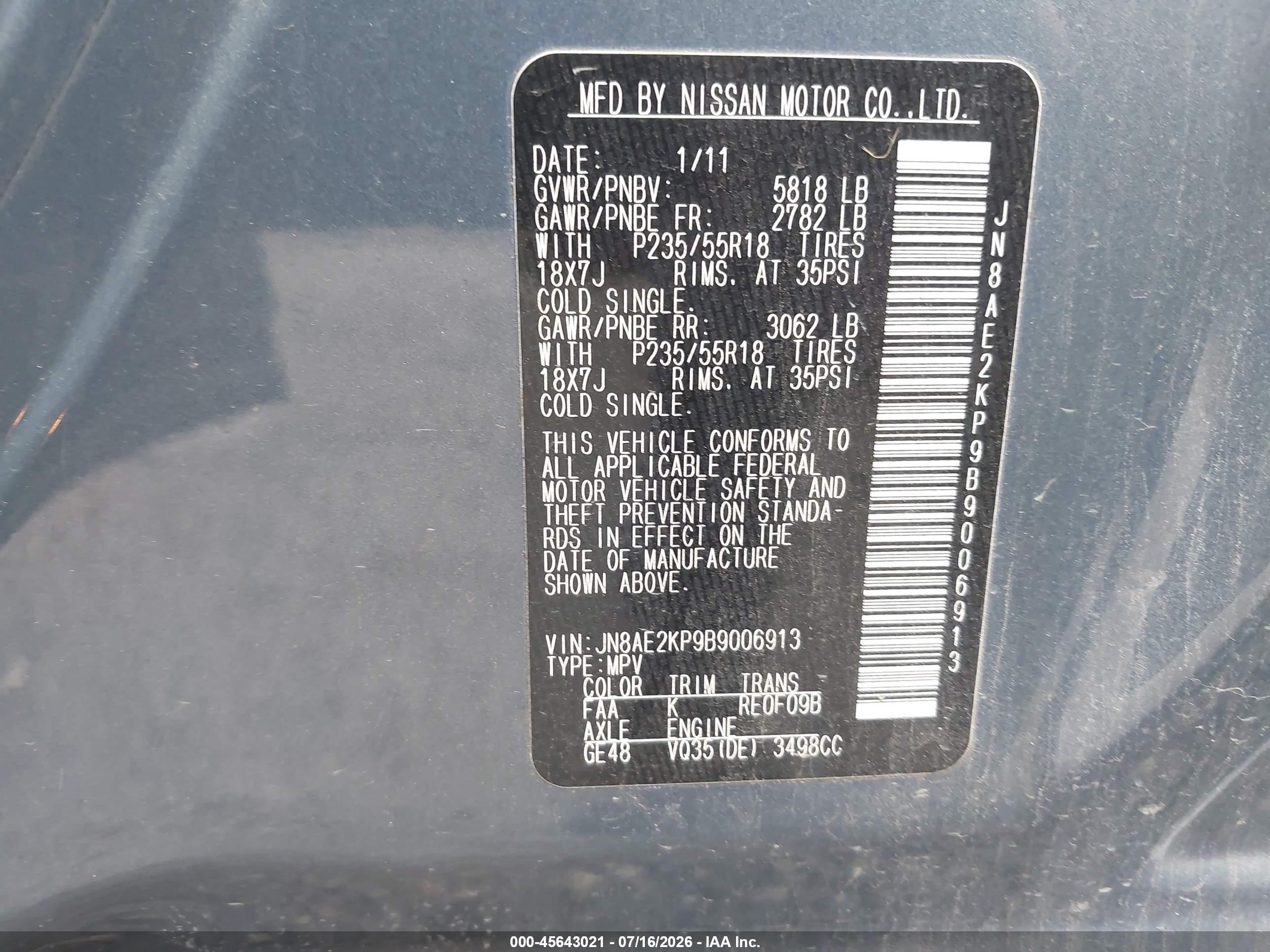 2011 Nissan Quest Sl Gray vin: JN8AE2KP9B9006913