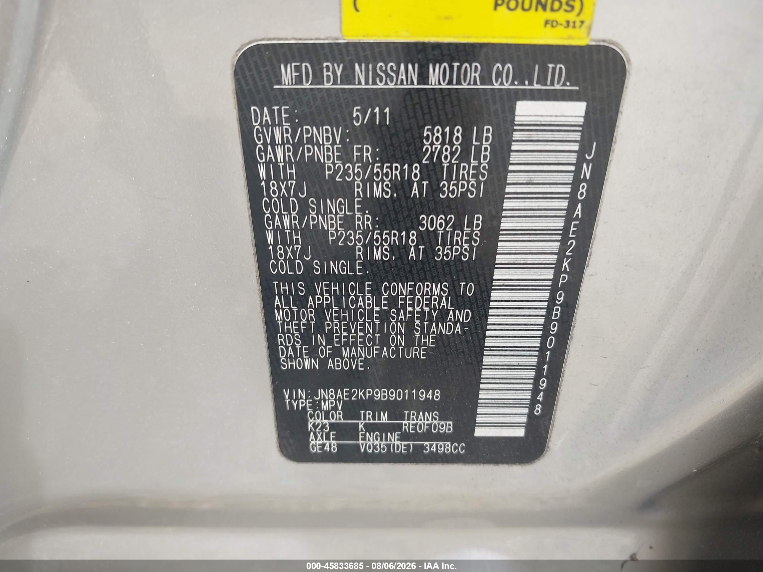 2011 Nissan Quest Le Silver vin: JN8AE2KP9B9011948