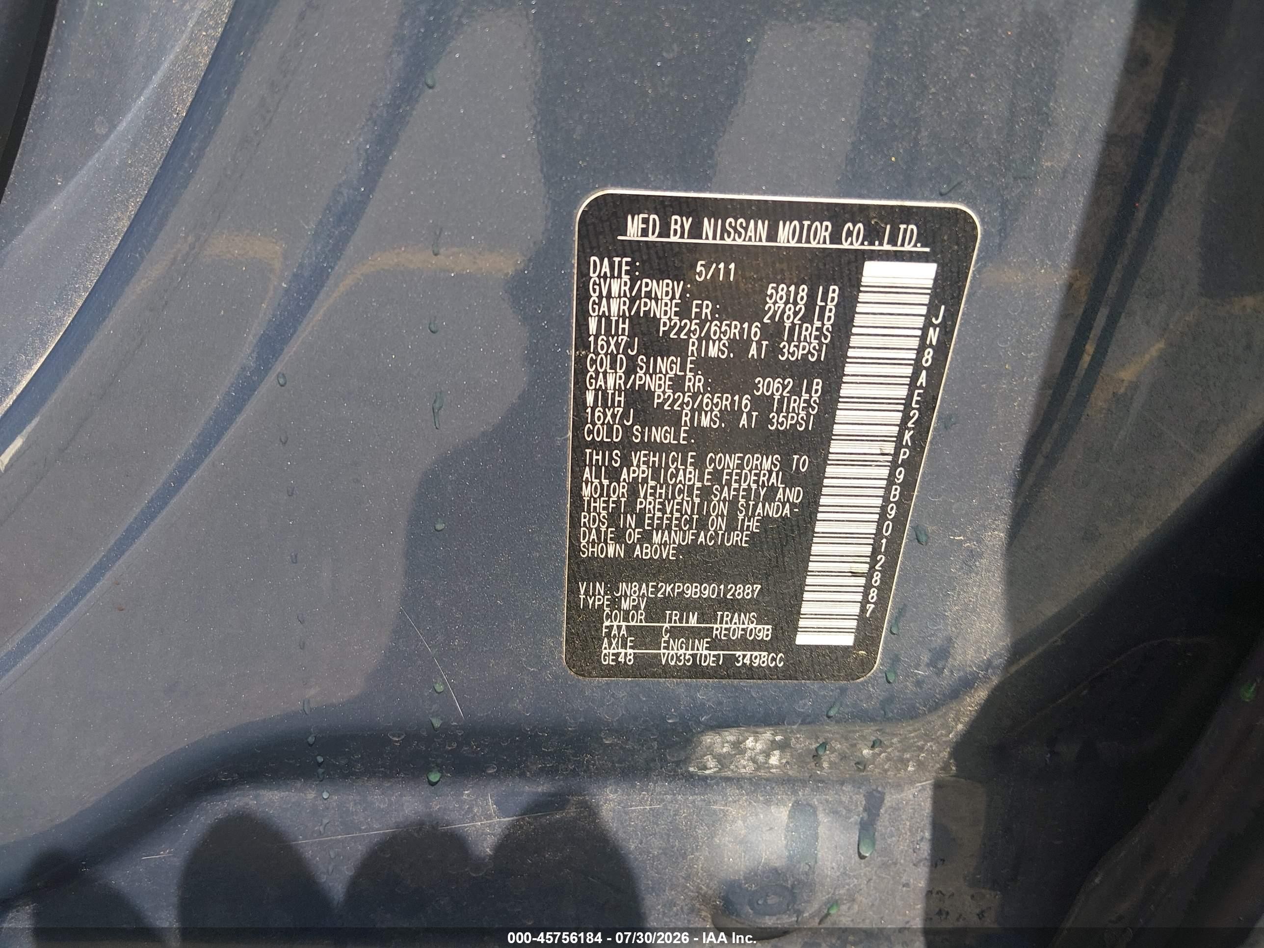2011 Nissan Quest Sv Gray vin: JN8AE2KP9B9012887
