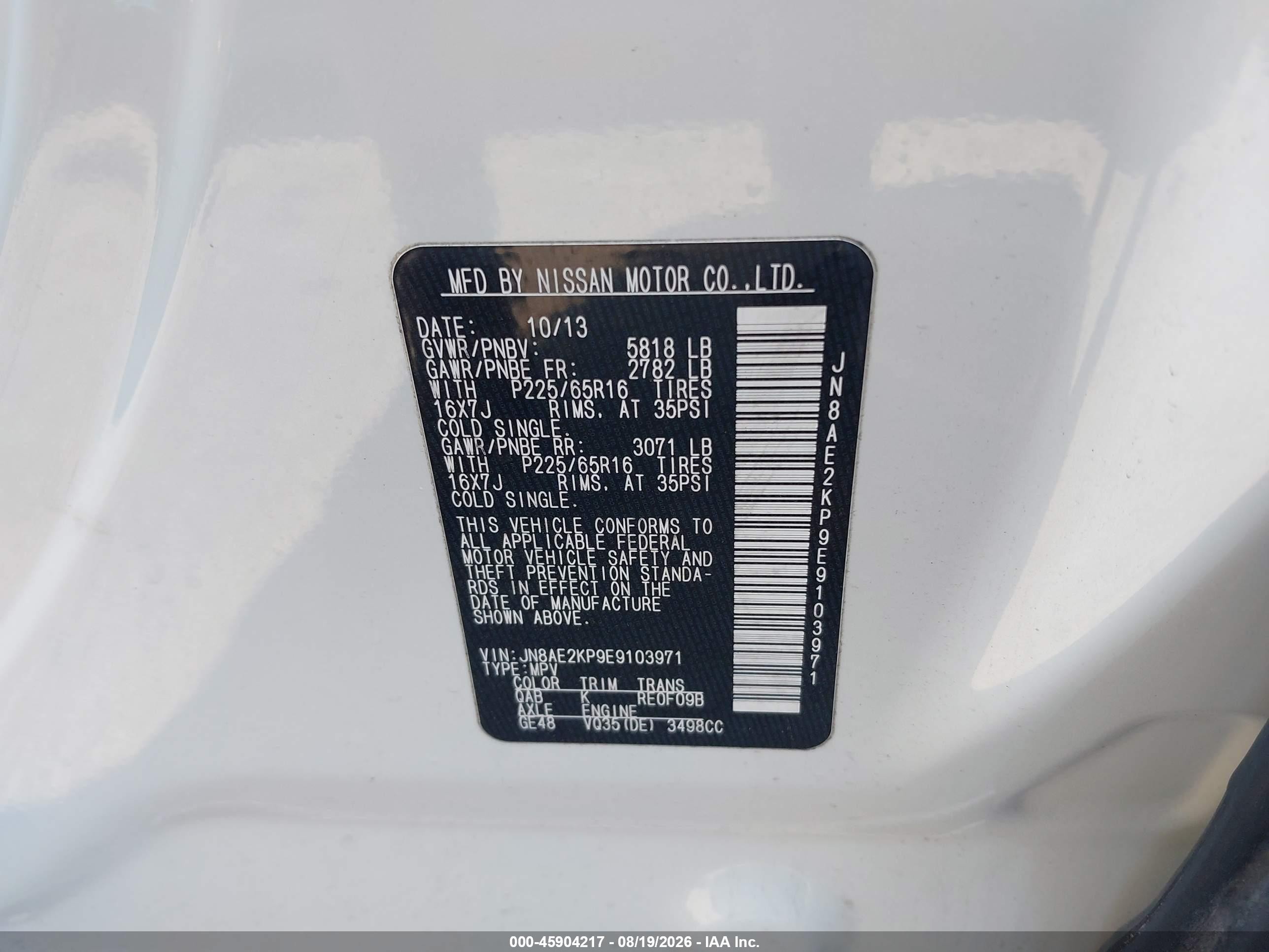 2014 Nissan Quest Sv White vin: JN8AE2KP9E9103971