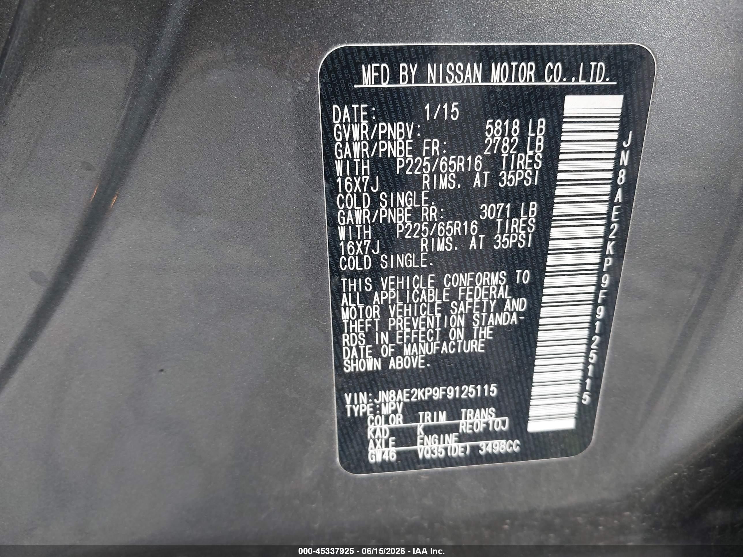 2015 Nissan Quest Platinum/s/sl/sv Gray vin: JN8AE2KP9F9125115