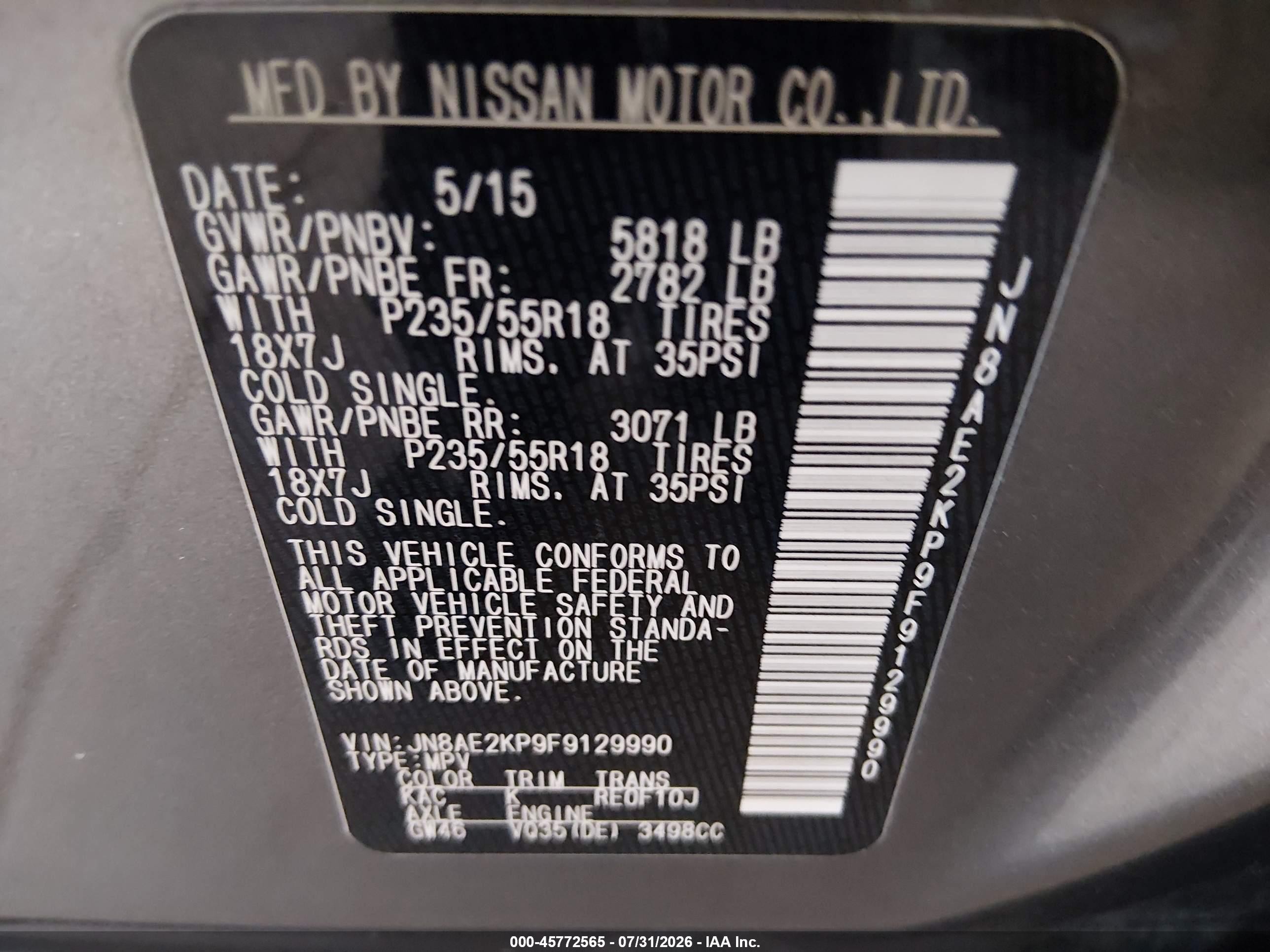 2015 Nissan Quest Platinum/s/sl/sv Gray vin: JN8AE2KP9F9129990